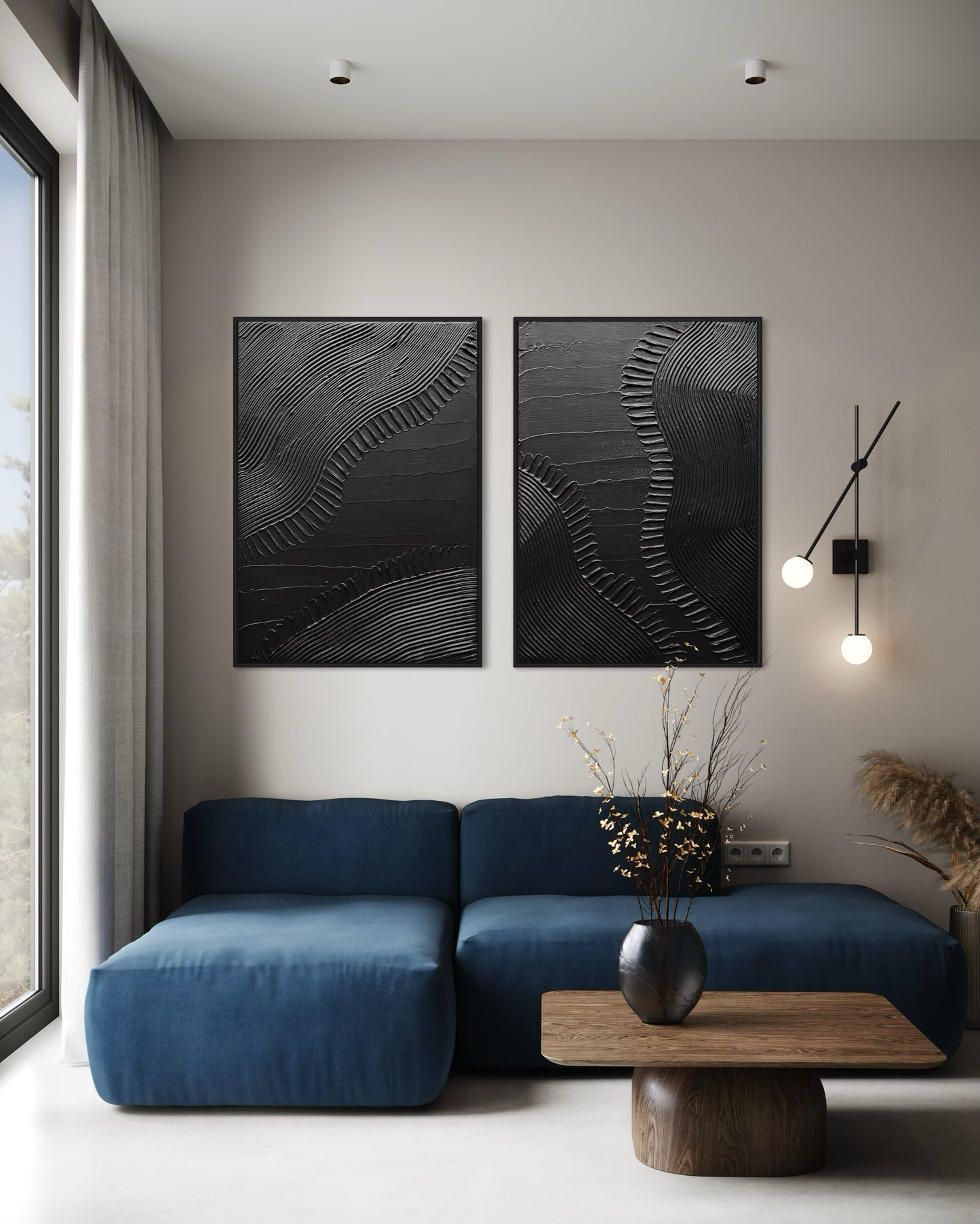 Modern living room with a blue sofa, wooden coffee table, and abstract 3d wall art in black