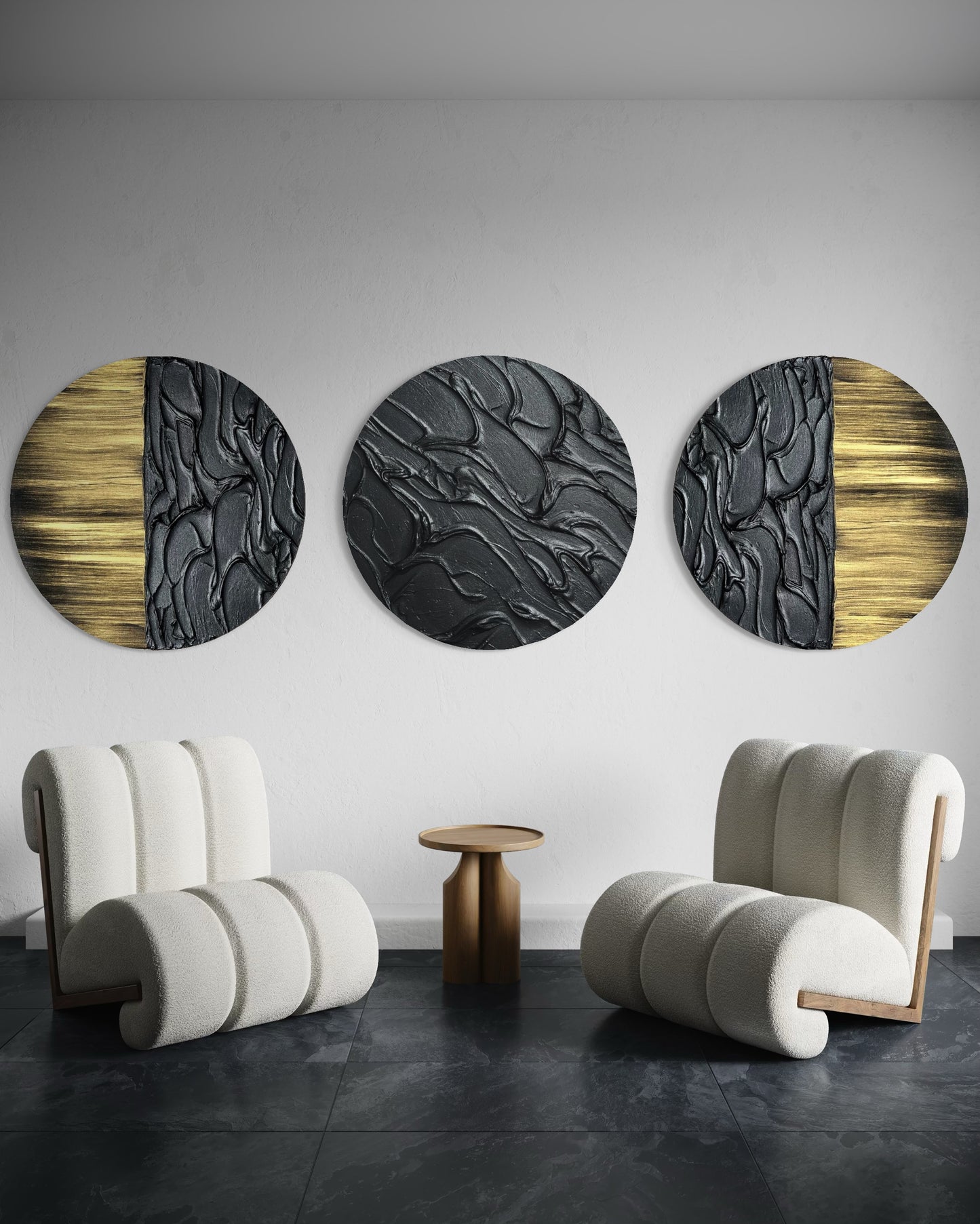 LAVA set of 3 round textured wall art in black with gold accents, handcrafted on stretched canvas