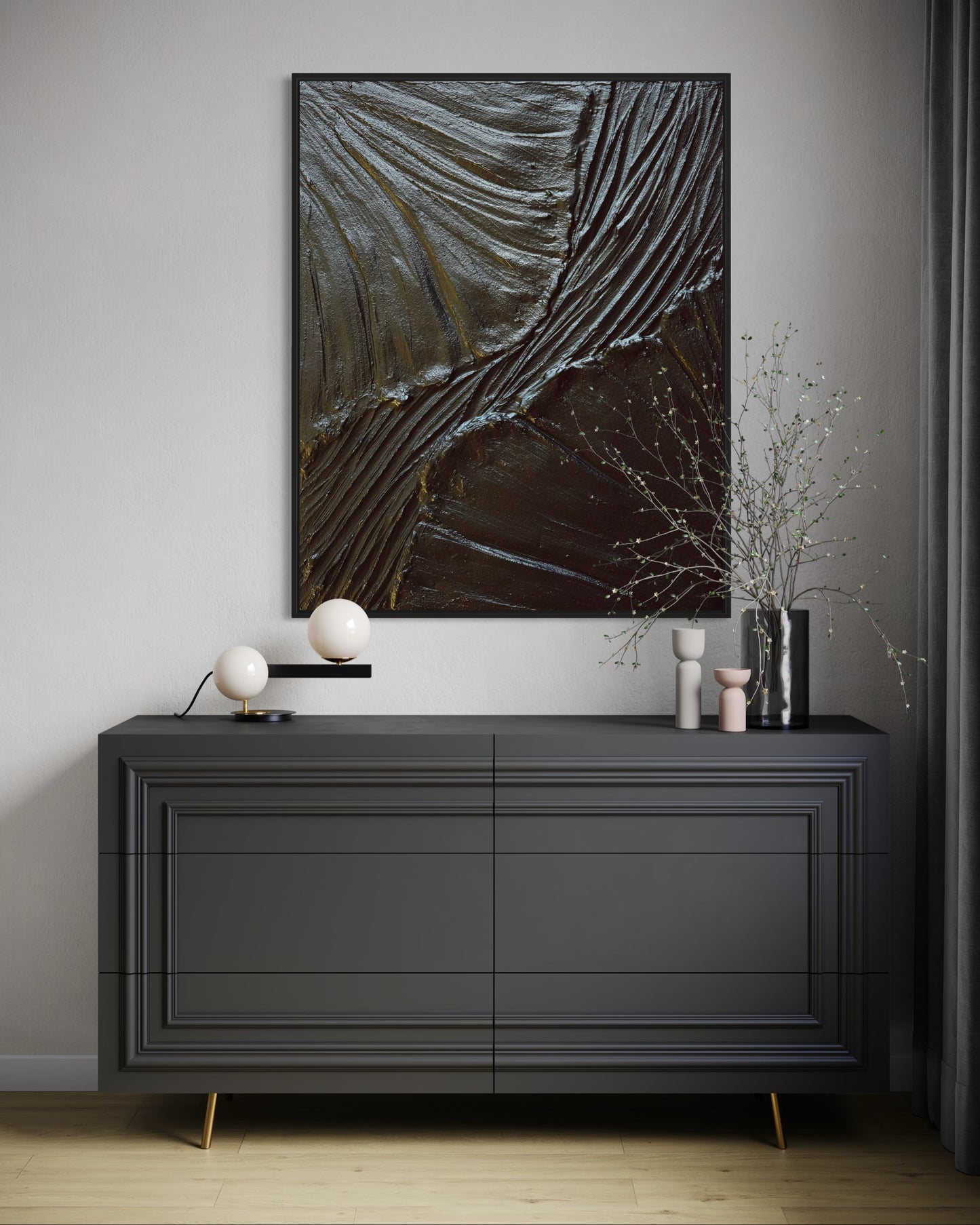 Matte black botanical-inspired 3D wall art on canvas