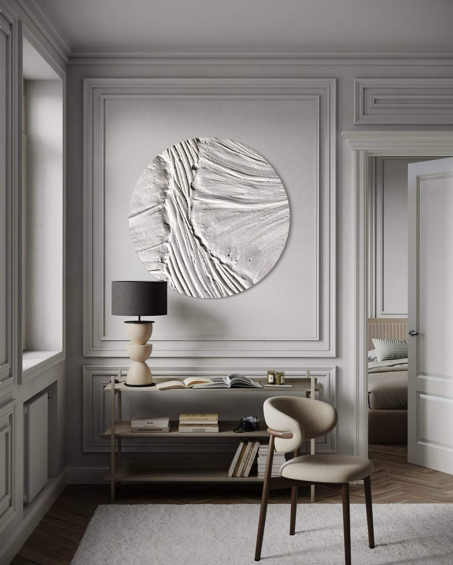 Handmade round wall art inspired by floral forms in modern interior