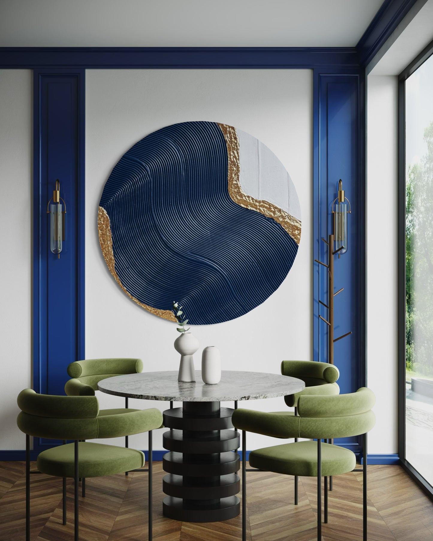 Dining room with a round table and green chairs, featuring a large abstract blue and gold wall art piece.