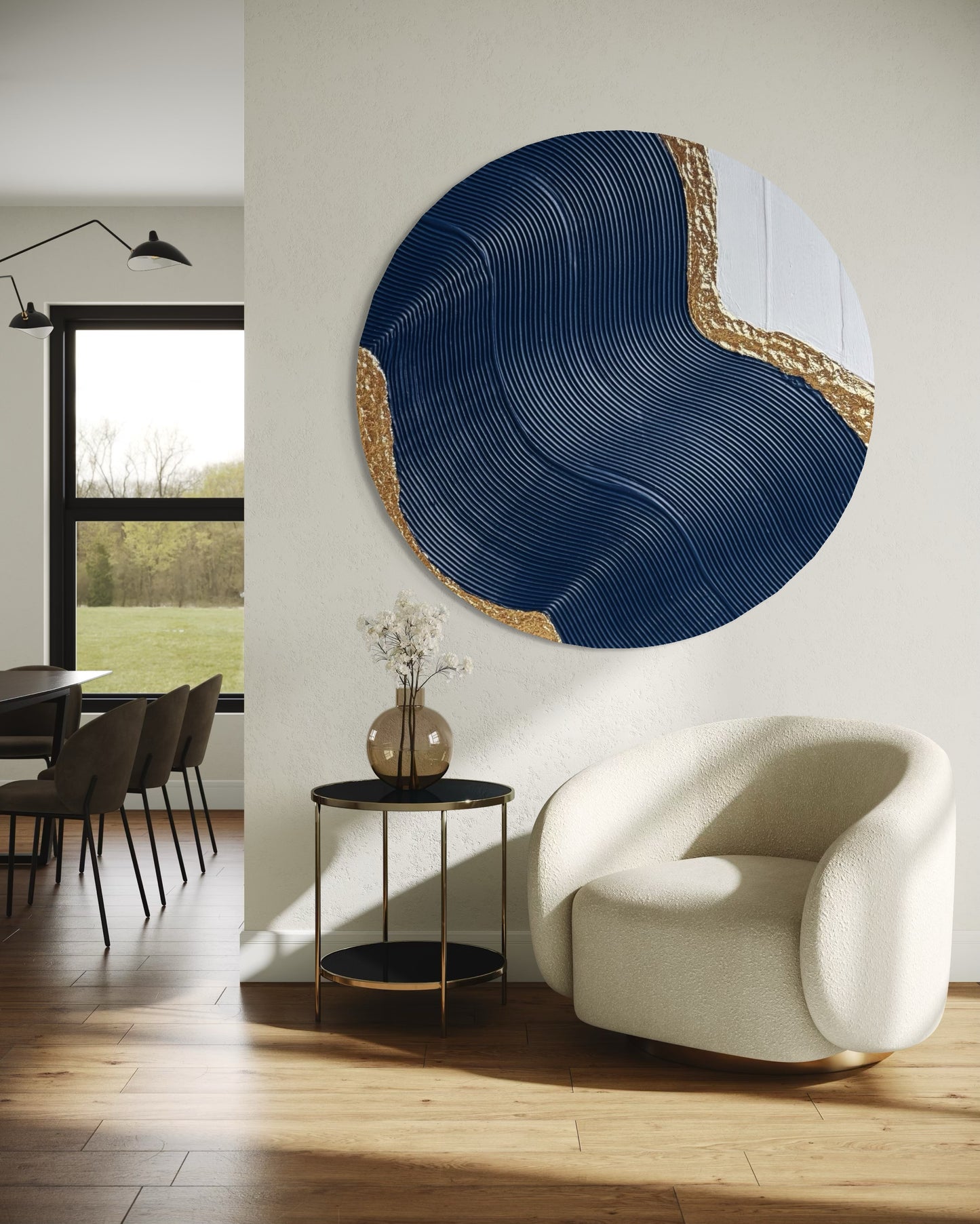 Modern interior with a large abstract wall art piece in a living room.