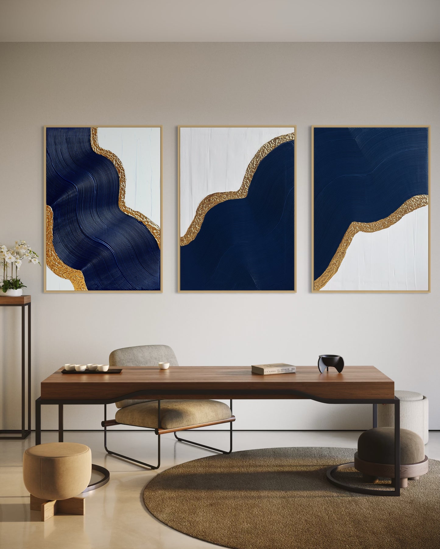 Triptych abstract wall art in navy blue and gold with sculptural textures