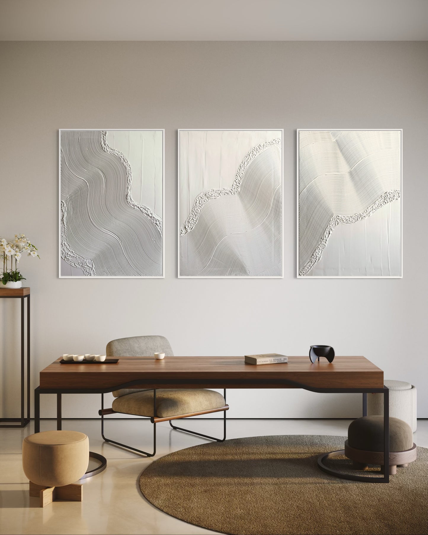 Minimalist white triptych canvas featuring flowing organic textures