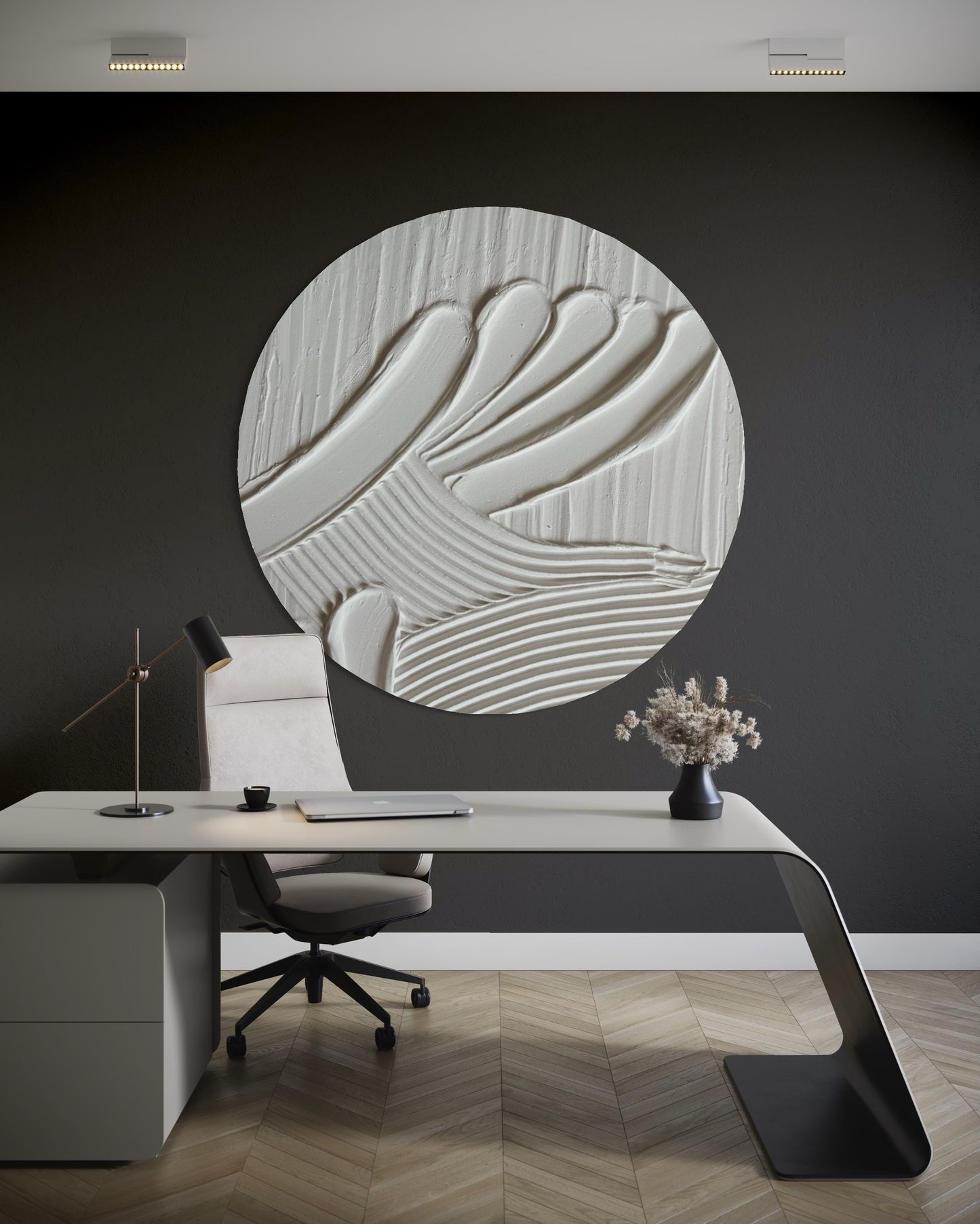 MAZU white minimalist textured wall art in round shape. Circular canvas in japandi style. Ideal for modern and wabi sabi office, living room, bedroom or dining room.