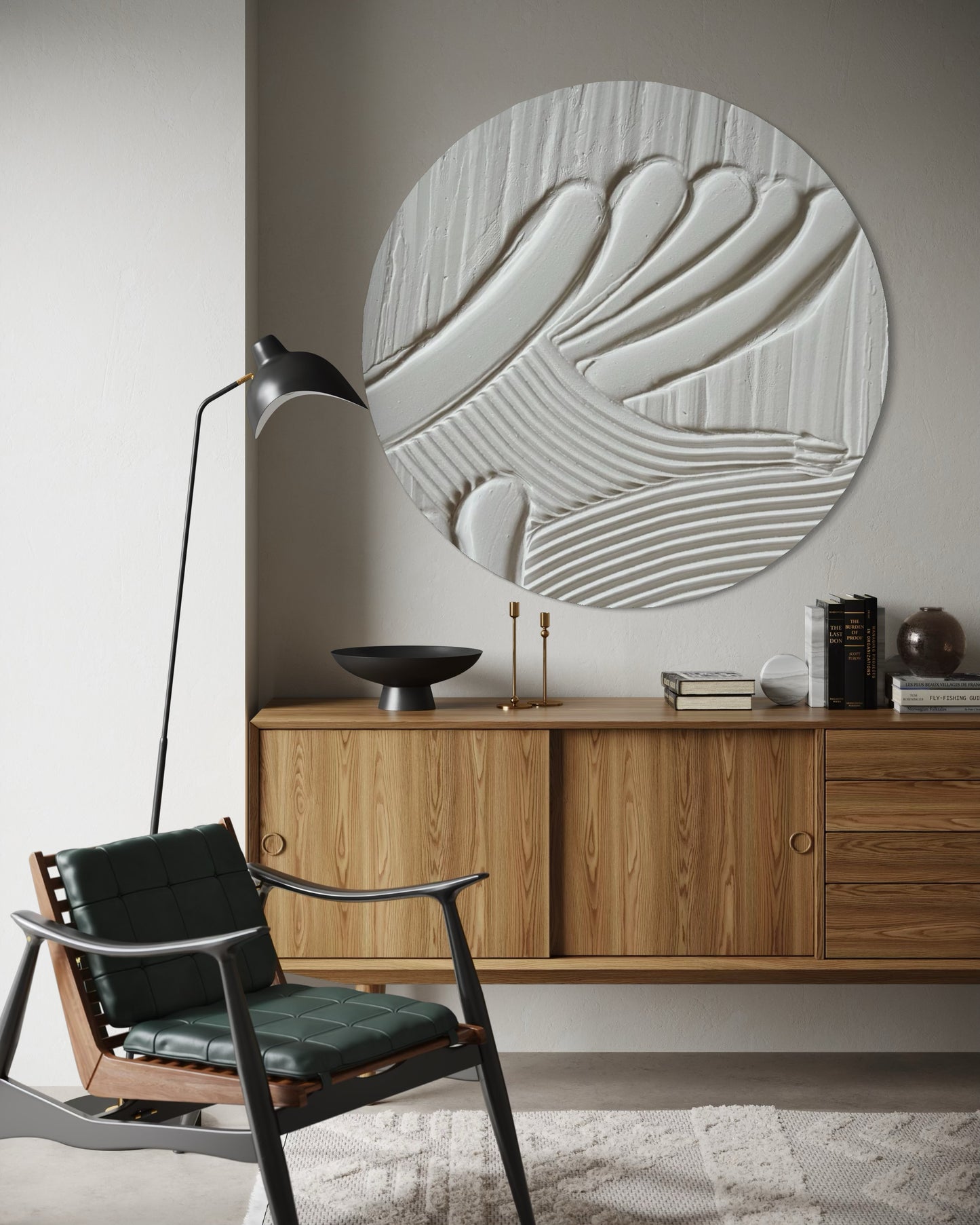 MAZU white minimalist textured wall art in round shape. Circular canvas in japandi style. Ideal for modern and wabi sabi office, living room, bedroom or dining room.