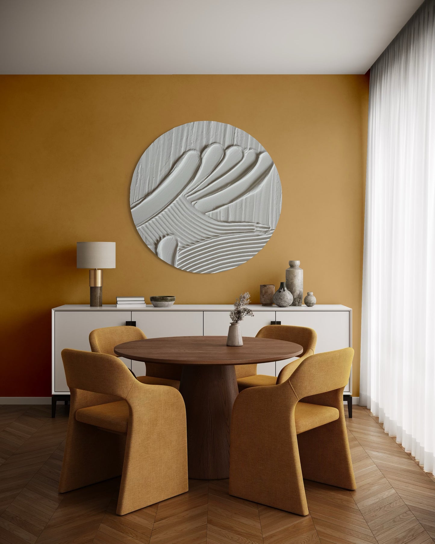 MAZU white minimalist textured wall art in round shape. Circular canvas in japandi style. Ideal for modern and wabi sabi office, living room, bedroom or dining room.