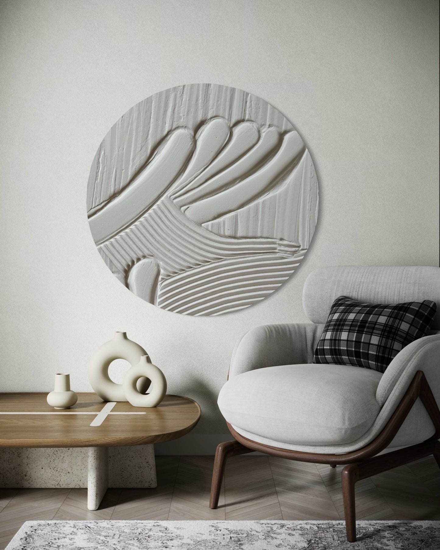 MAZU white minimalist textured wall art in round shape. Circular canvas in japandi style. Ideal for modern and wabi sabi office, living room, bedroom or dining room.