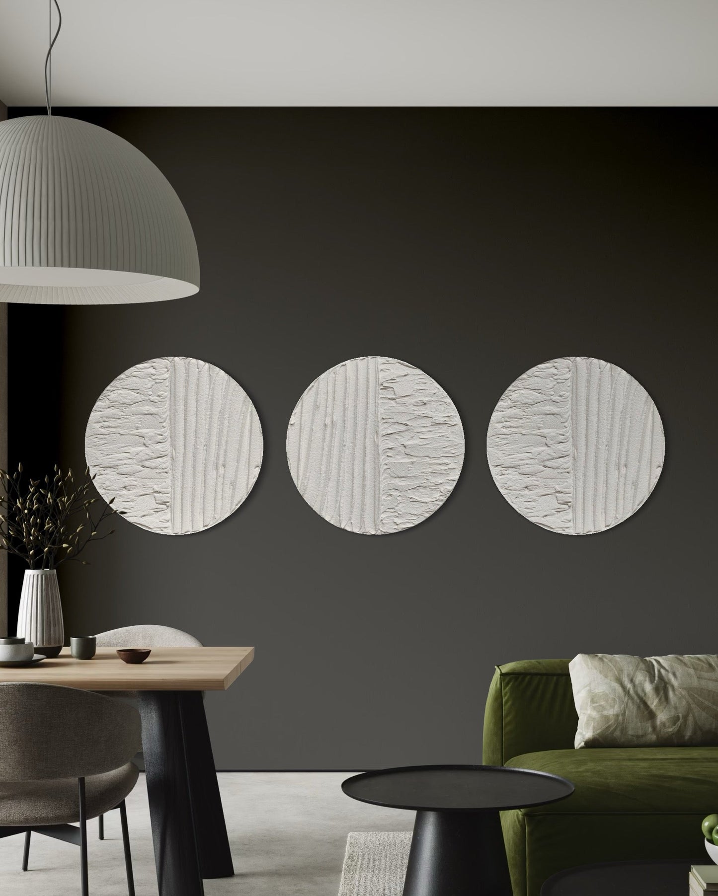 MYLA set of 3 white round textured wall art pieces in modern interior