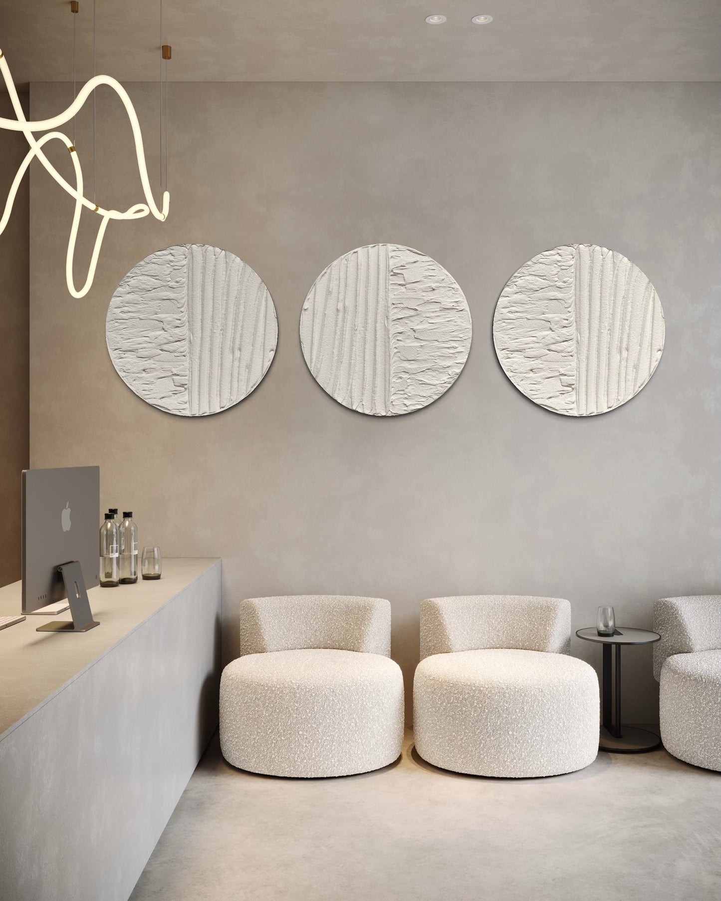 Set of three round textured canvas artworks for neutral interiors