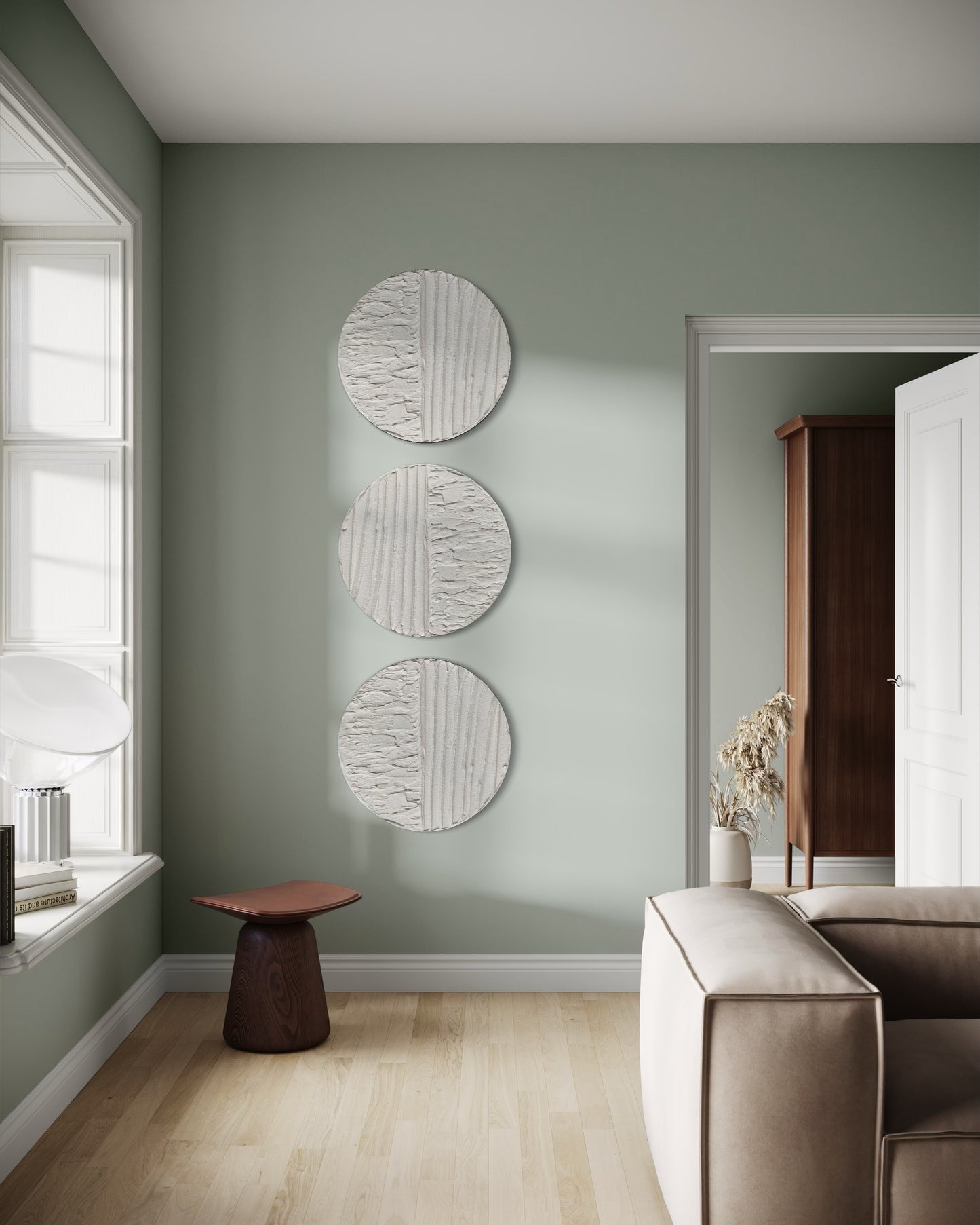 Minimalist sculptural wall decor set in round canvas format