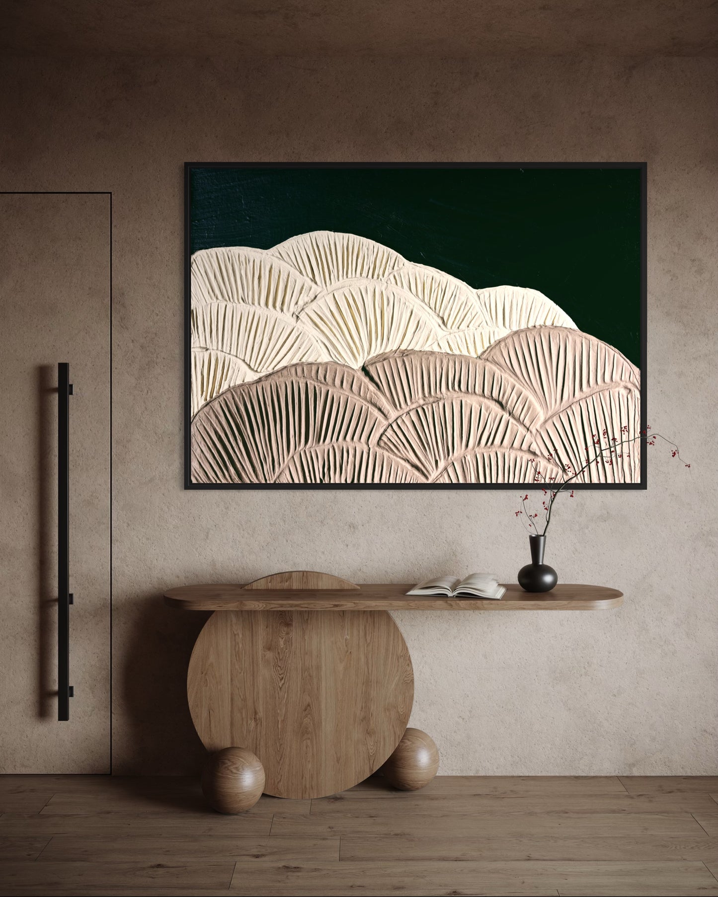 Sculptural wall art with botanical texture in warm brown and black background
