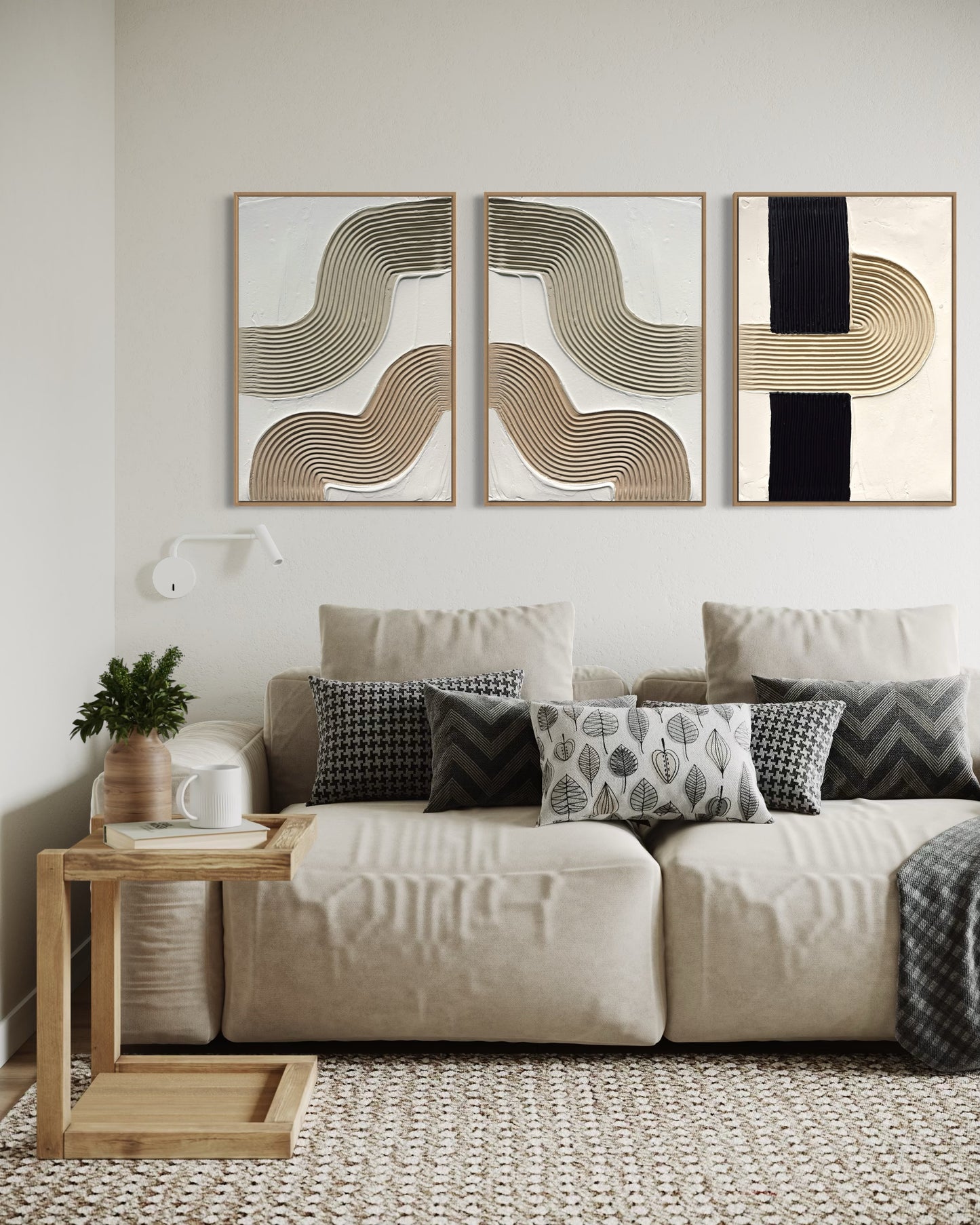 Textured canvas artwork in white, beige, and black for minimalist interiors