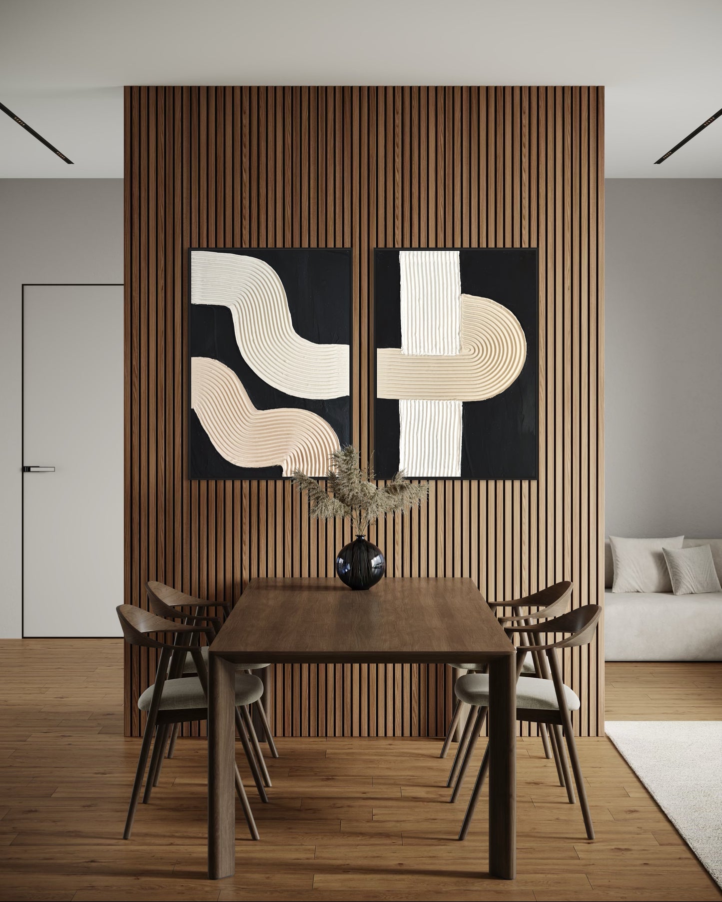 Diptych NUIT artwork in a minimalist space with black background and warm neutral arch shapes