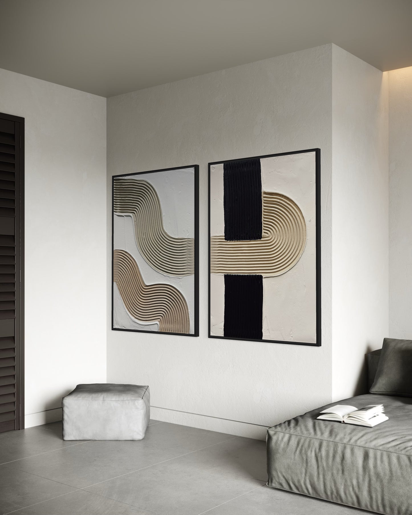 Neutral color textured wall art pair with sculptural detail