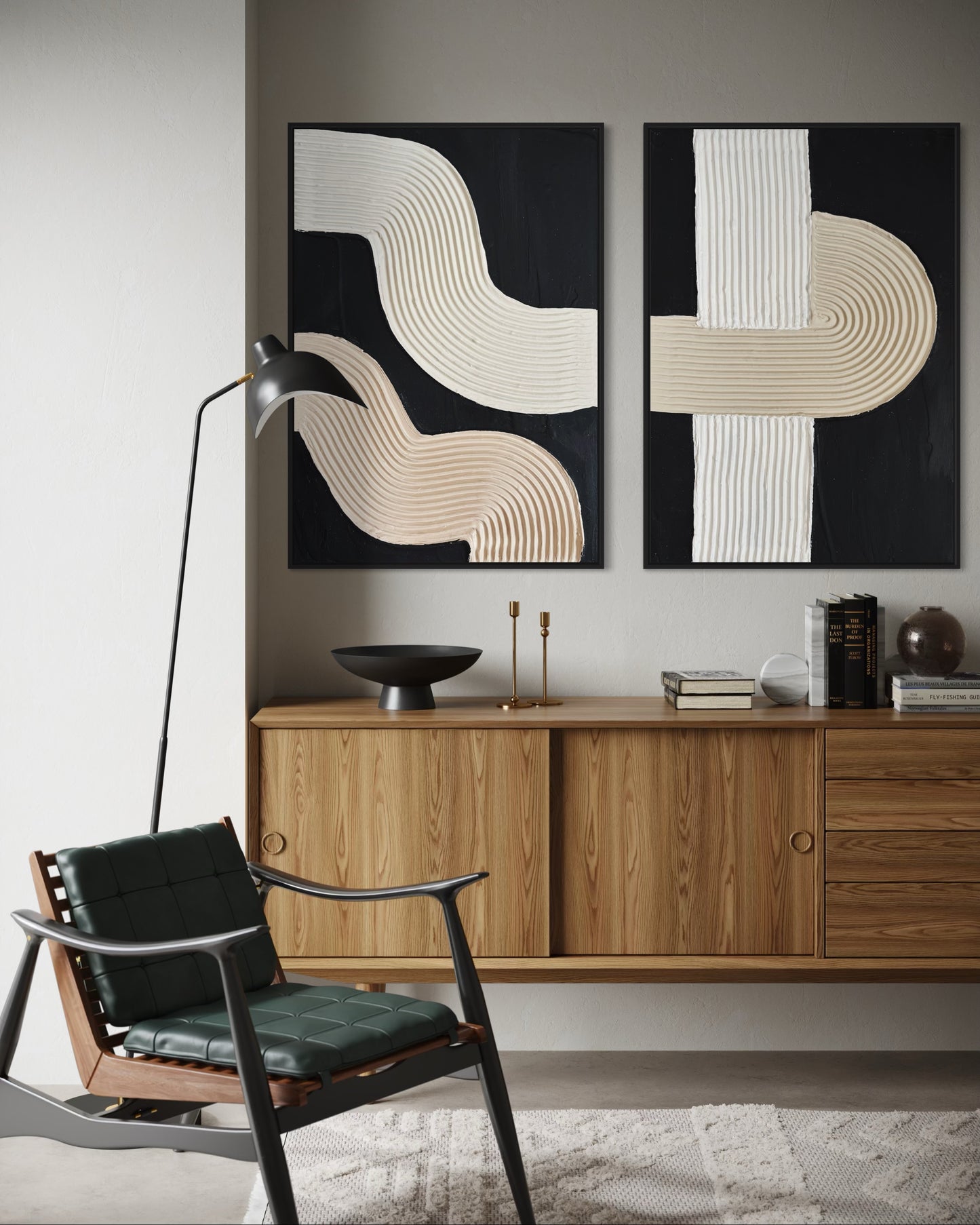 Diptych NUIT artwork in a minimalist space with black background and warm neutral arch shapes