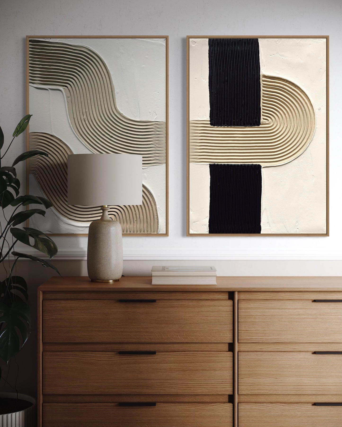 Handmade textured canvas set with curved architectural design