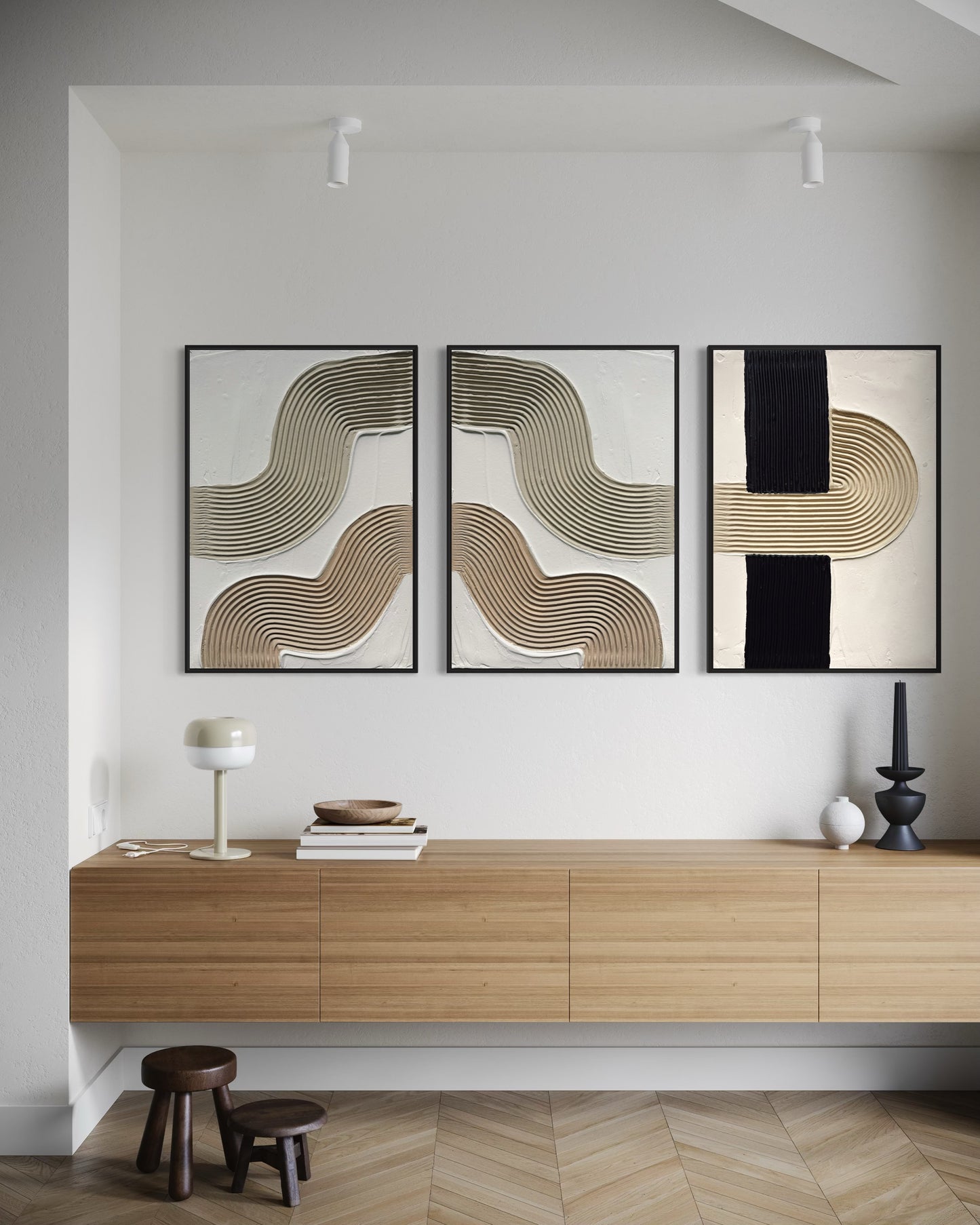 Triptych wall decor in Japandi style with architectural arch texture