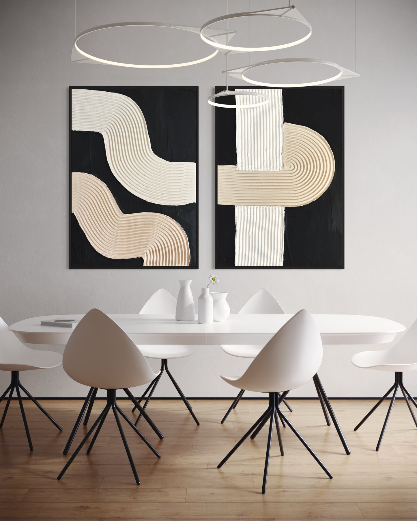 Pair of NUIT wall art pieces styled in a modern living room with neutral decor and sculptural details