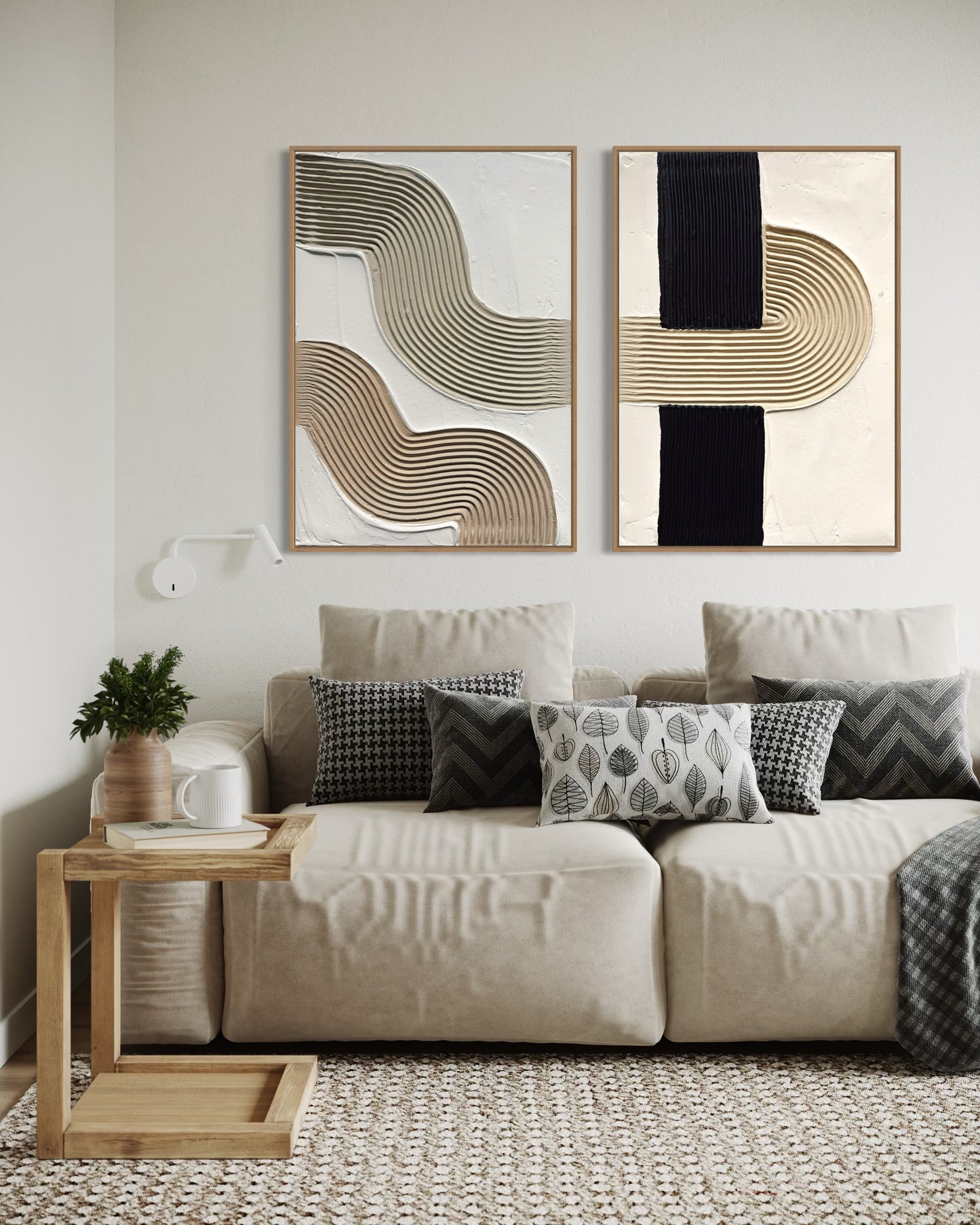 Minimalist wall art diptych with sculptural arches and neutral tones