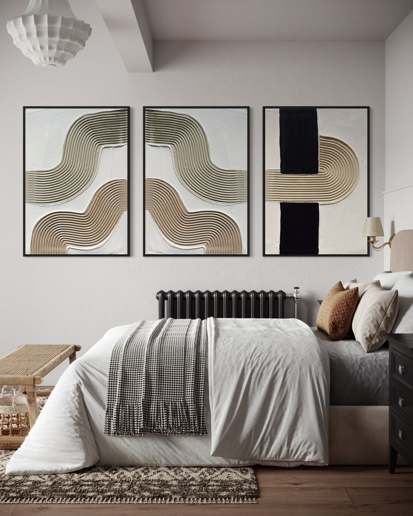 Handcrafted sculptural wall art trio with raised arches in modern neutral tones