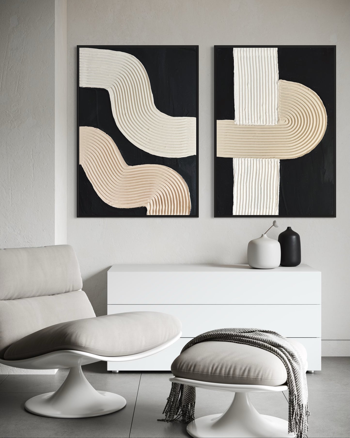 Two-panel NUIT canvas art with bold arched textures styled in a Japandi or modern Mediterranean space