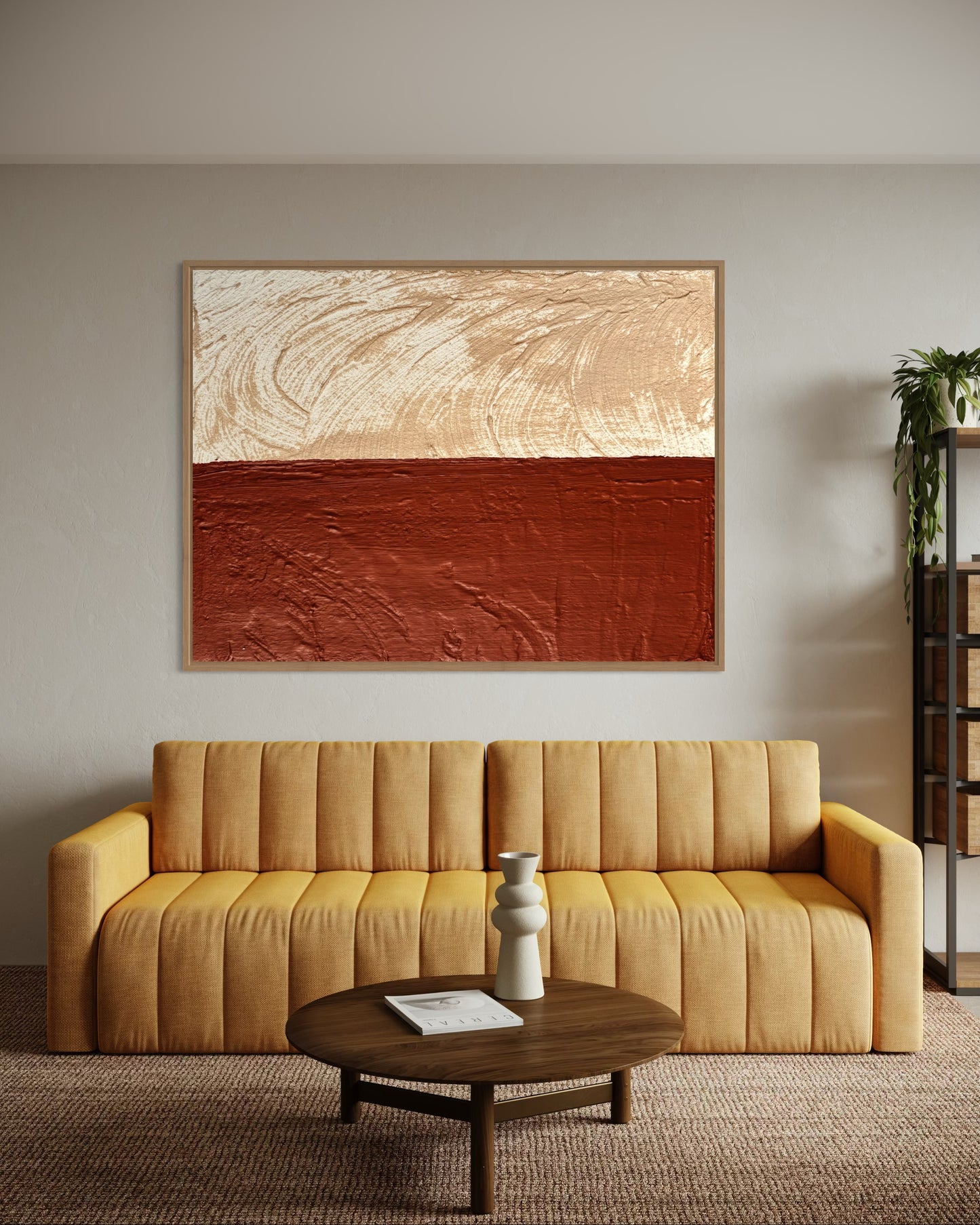 SULIS artwork in beige and terracotta styled in a modern Mediterranean interior with warm tones