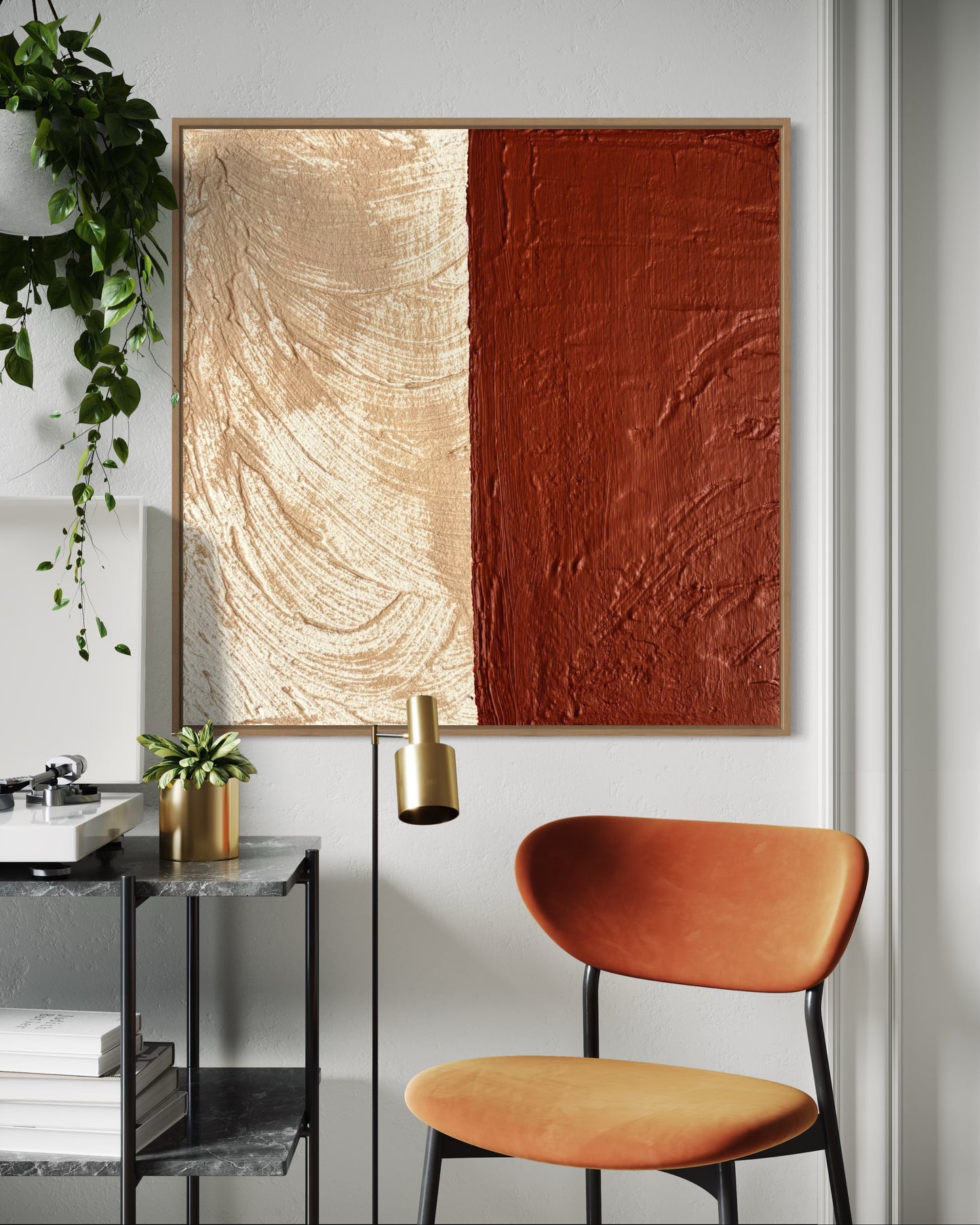 SULIS Abstract art piece in beige and terracotta color on a wall with a chair and plant in a modern interior setting