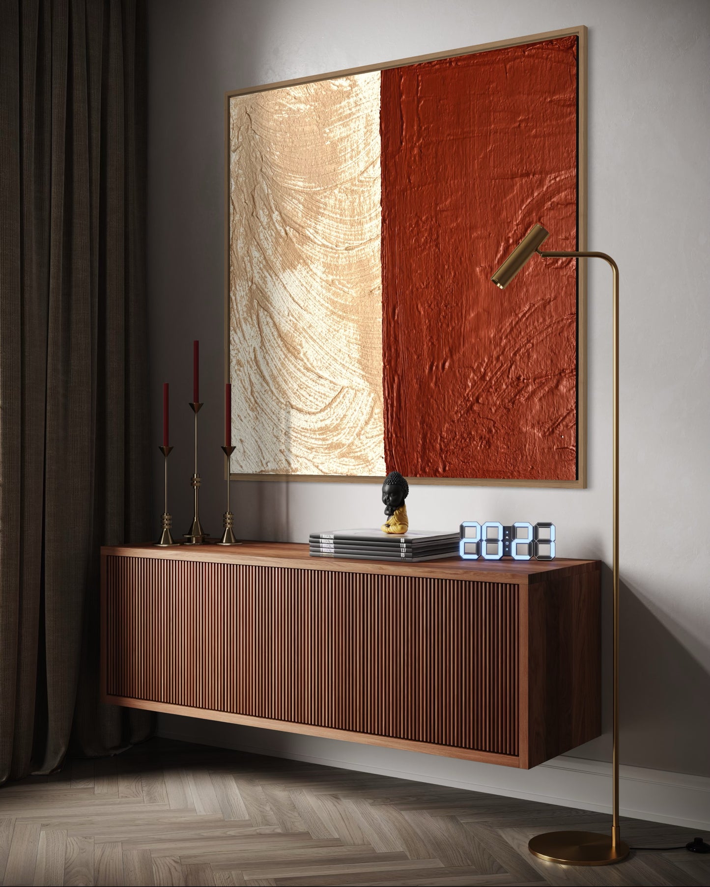 Wooden sideboard with decorative items against a wall with abstract art SULIS in half beige and alf terracotta color
