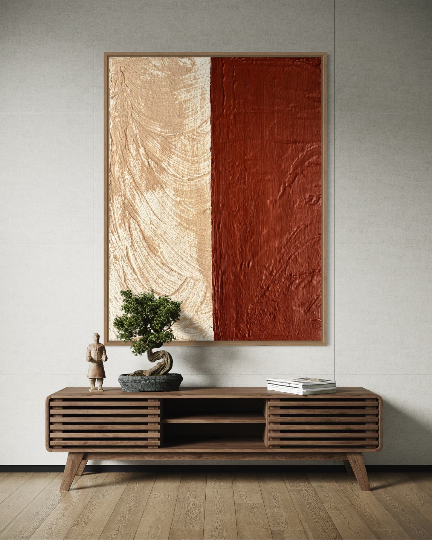 Wooden console table with decorative items against a wall with abstract art - SULIS modern, minimalist 3D painting in warm, earthy tones.