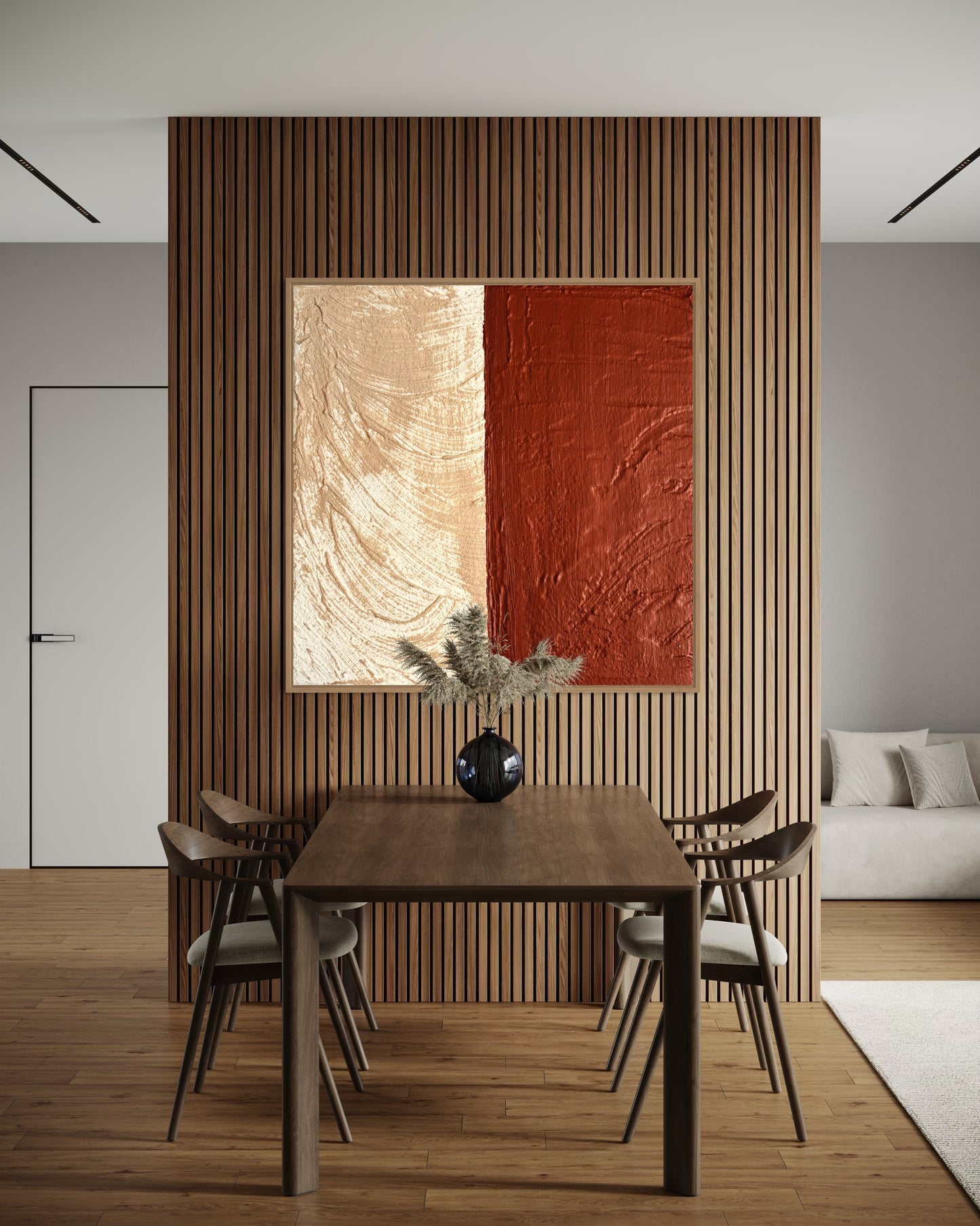 Dining room with wooden table and chairs, SULIS modern abstract art on the wall, and a vase.