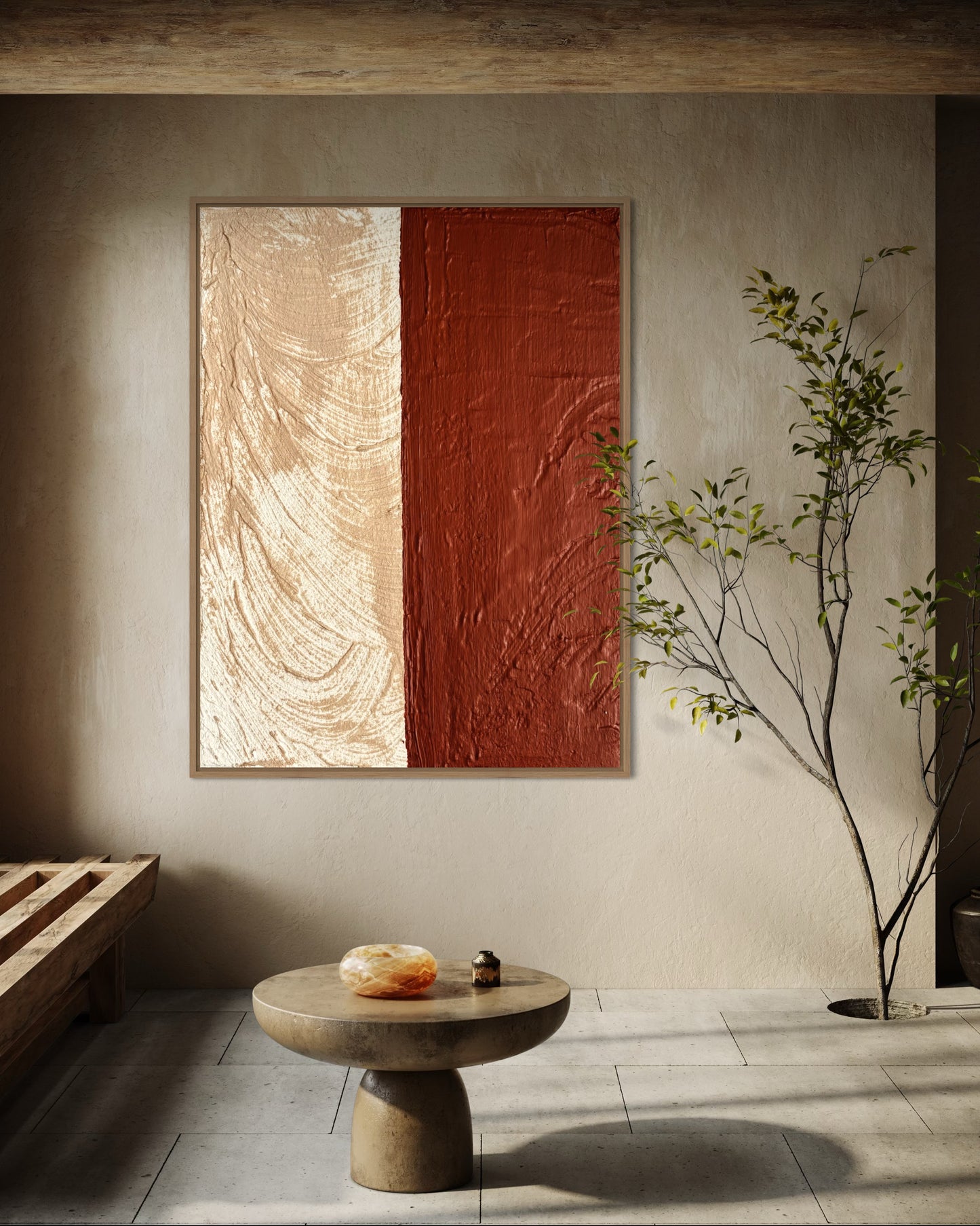 Abstract painting SULIS in terracorra and beige color with 3D texture on a wall with a stone table and plant in a room.
