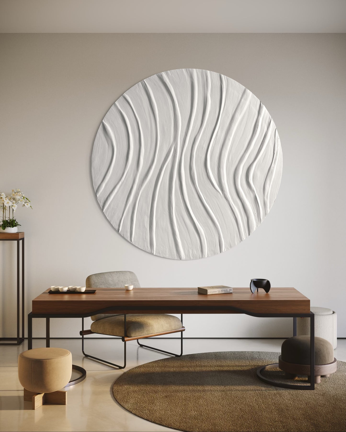 Minimalist 3D swirl artwork on round canvas in white