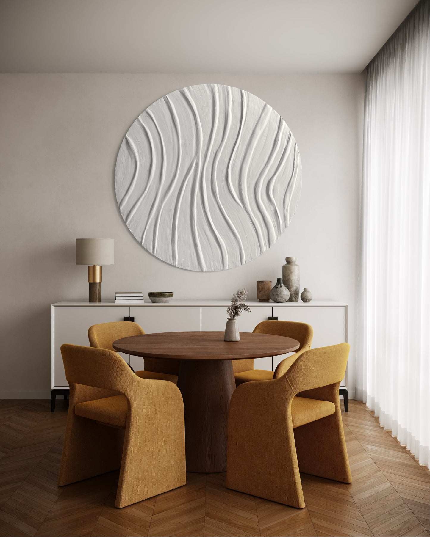 SWIRL white round textured wall art with modern abstract design