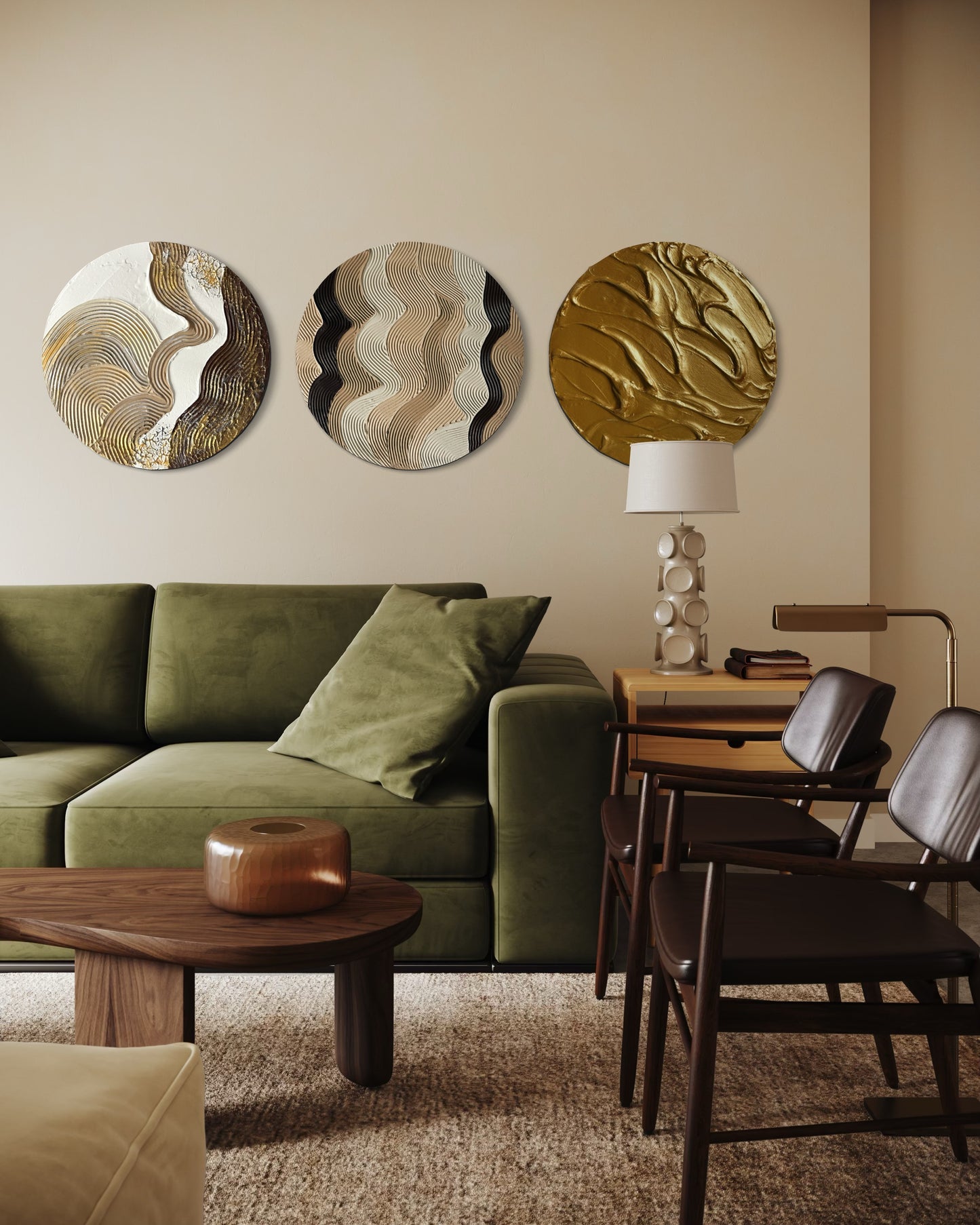 Modern living room with green sofa, wooden coffee table, and decorative wall art.