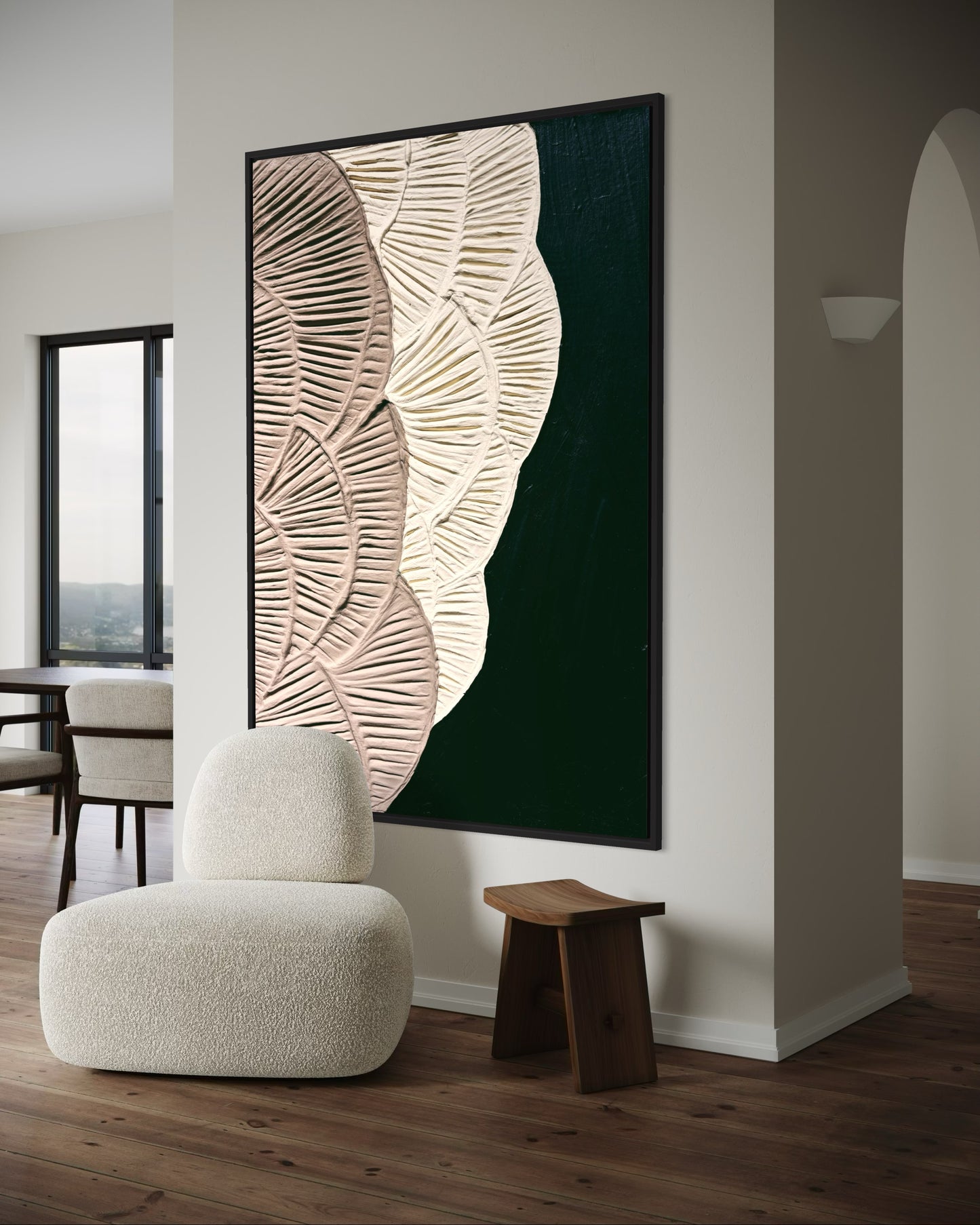 Textured canvas artwork with raised mocha and cream botanical elements