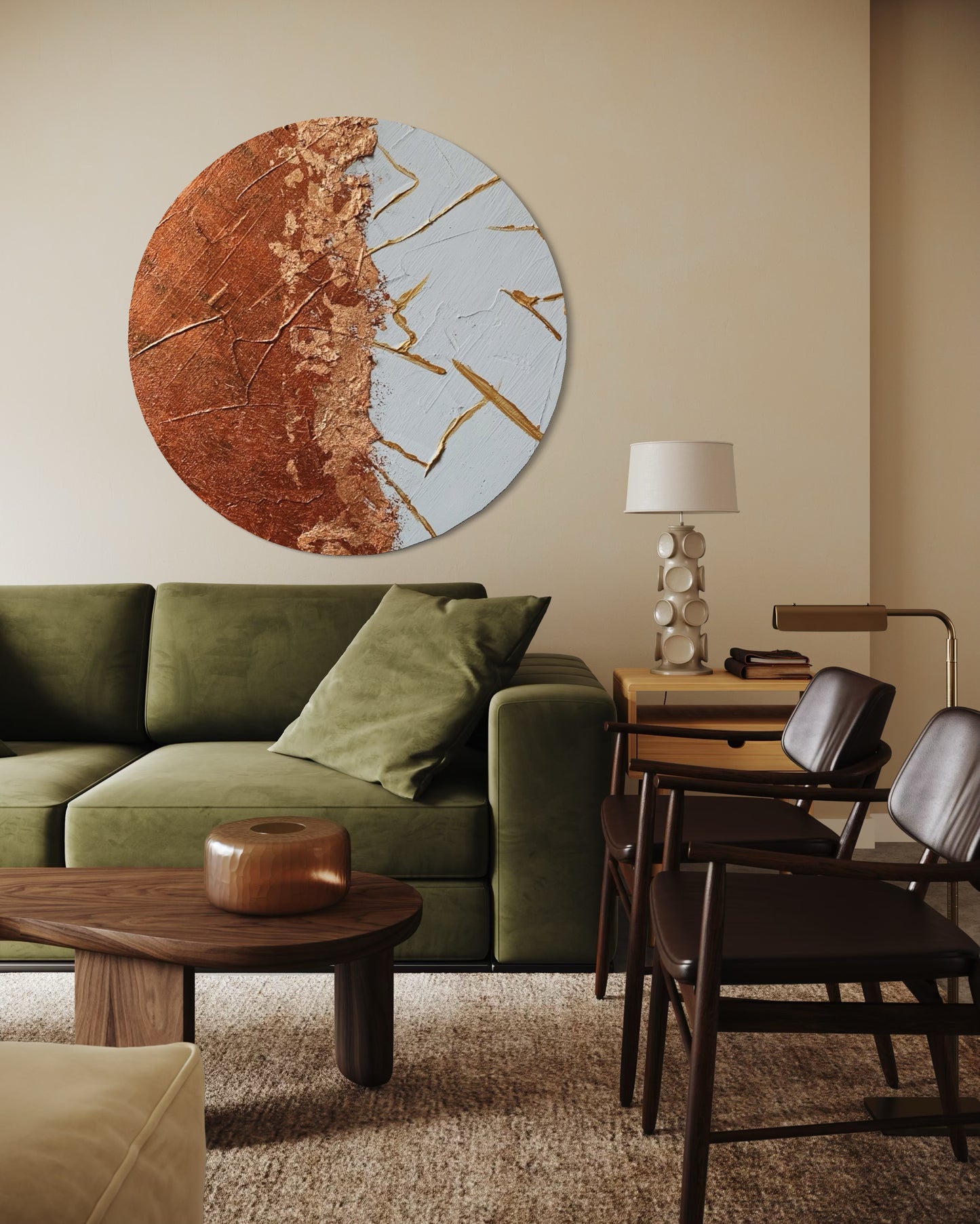 Sculptural abstract artwork featuring metallic copper and soft beige texture