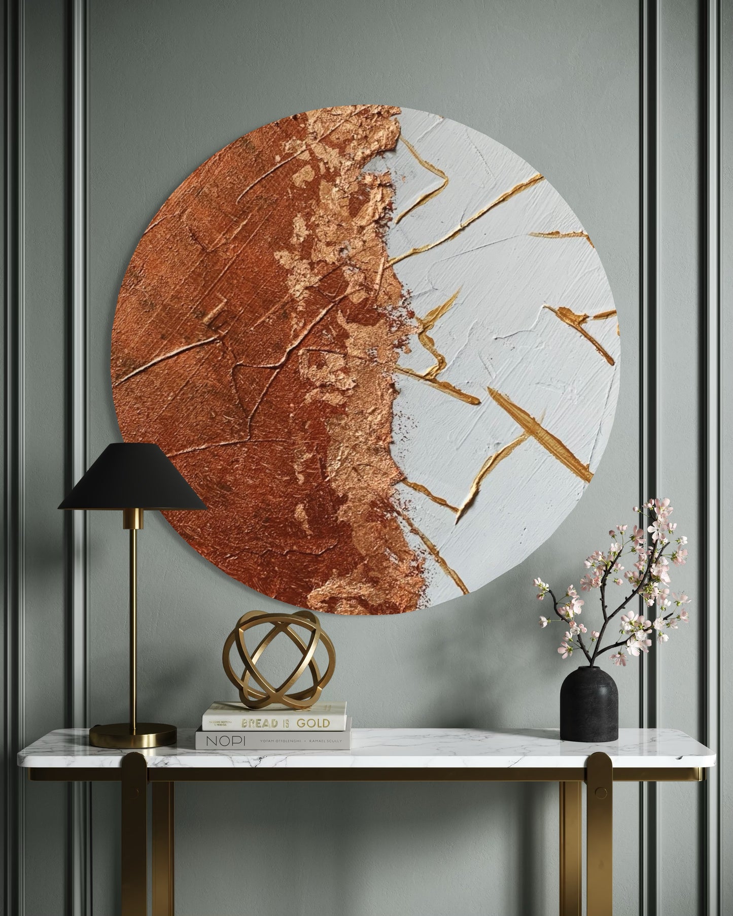 Close-up of copper texture and gold foil details on round canvas