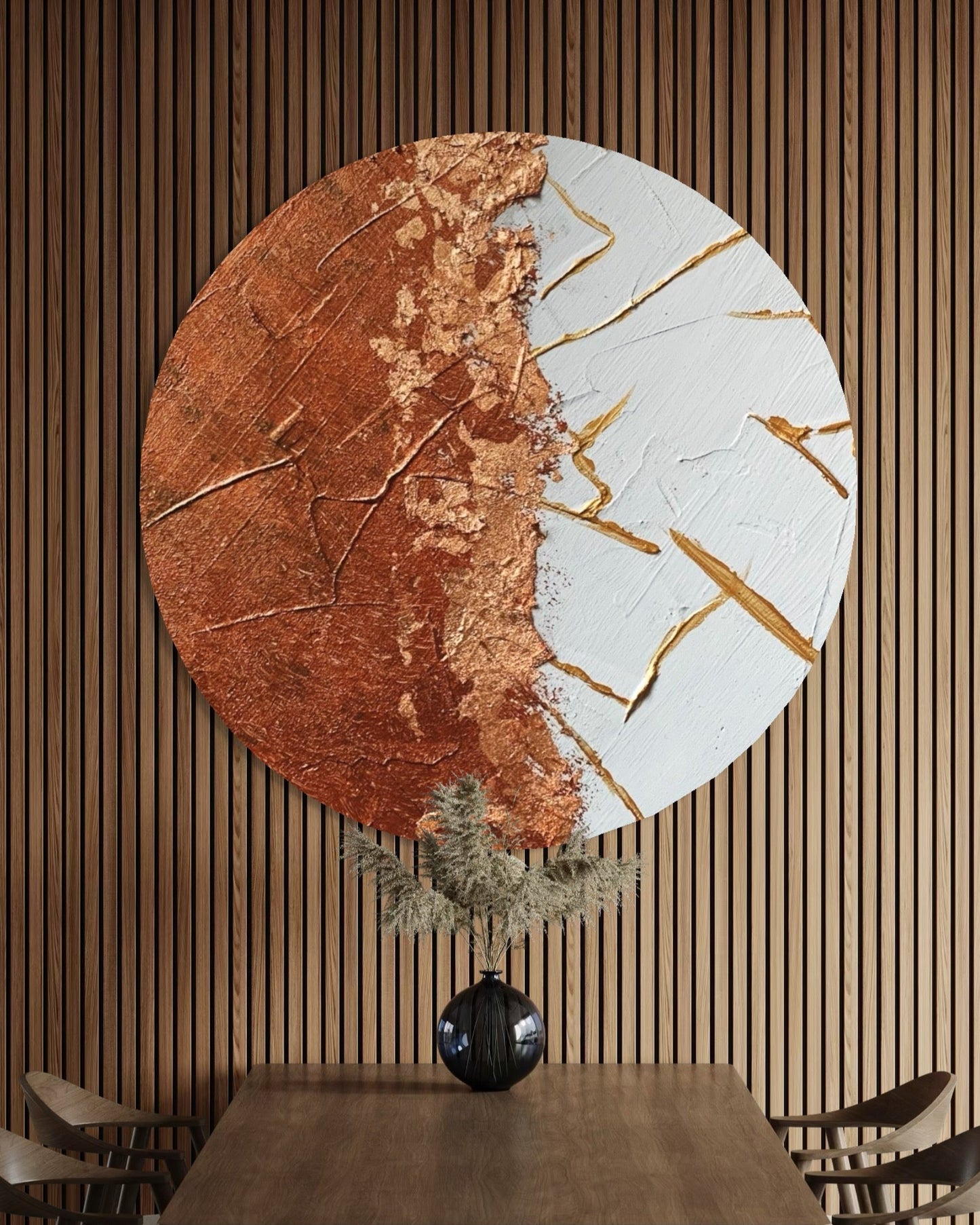 VESTA round textured wall art in copper and beige with gold leaf accents