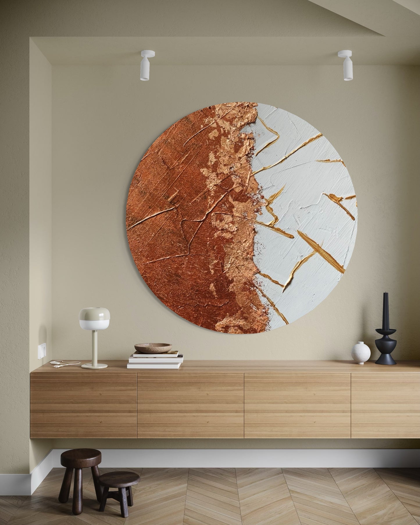 Handcrafted round wall decor inspired by fire and balance