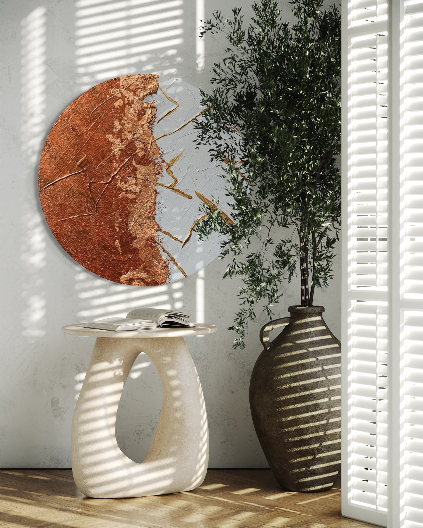 Modern goddess-inspired wall art in warm copper and neutral tones