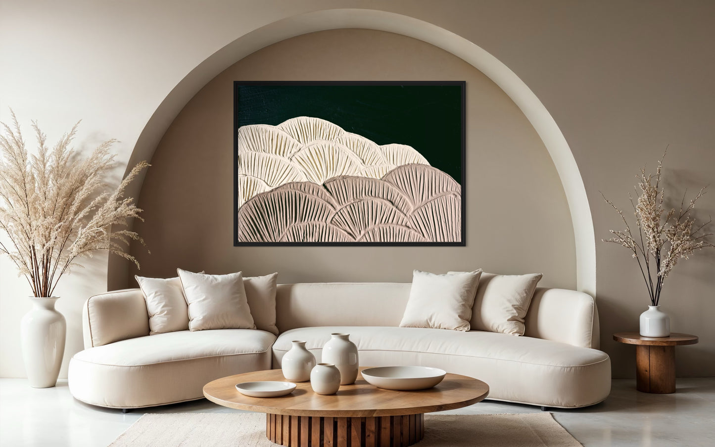 Organic floral wall decor with hand-textured mocha and cream detailing