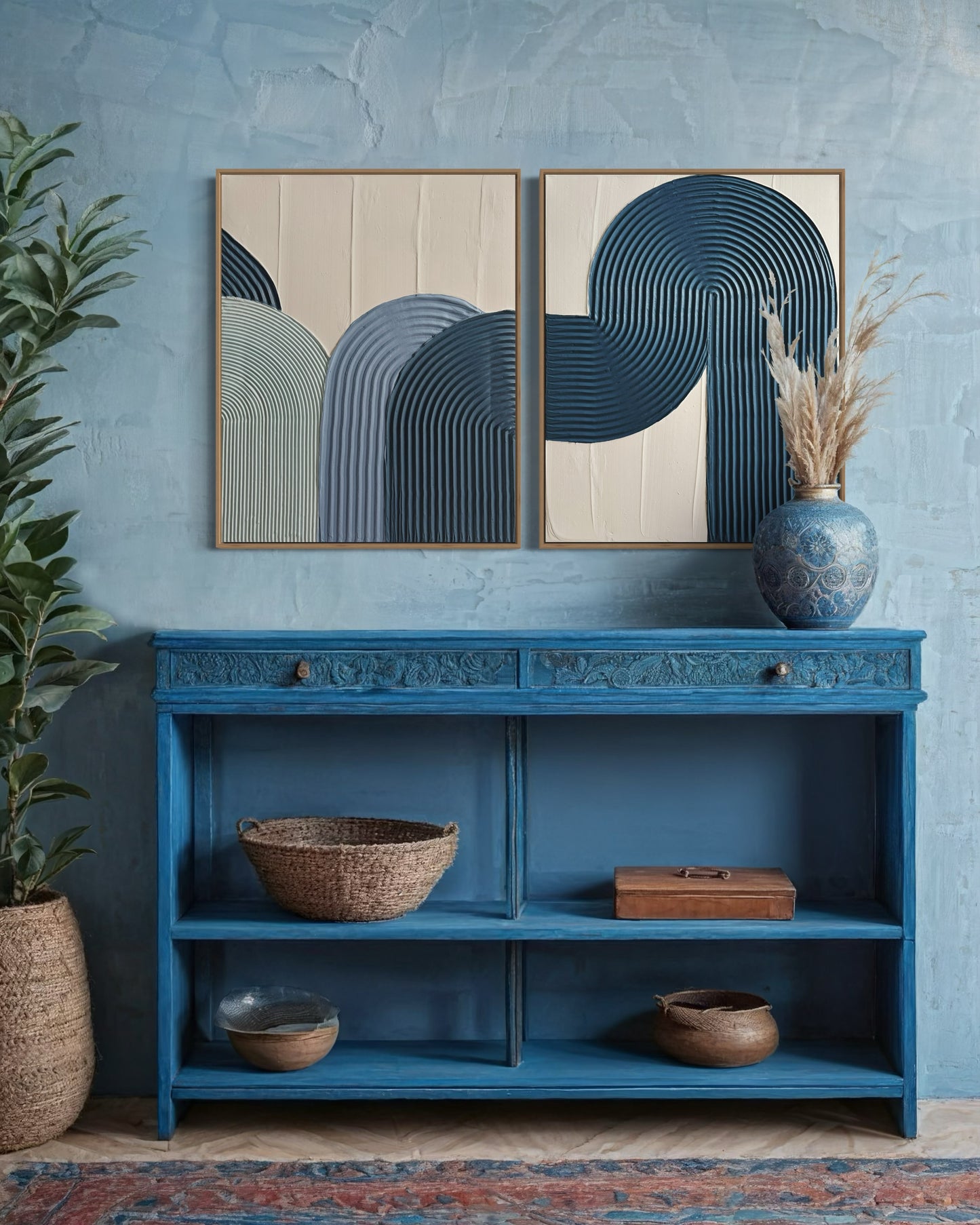 Handmade textured wall art with sculptural arch details in coastal colors