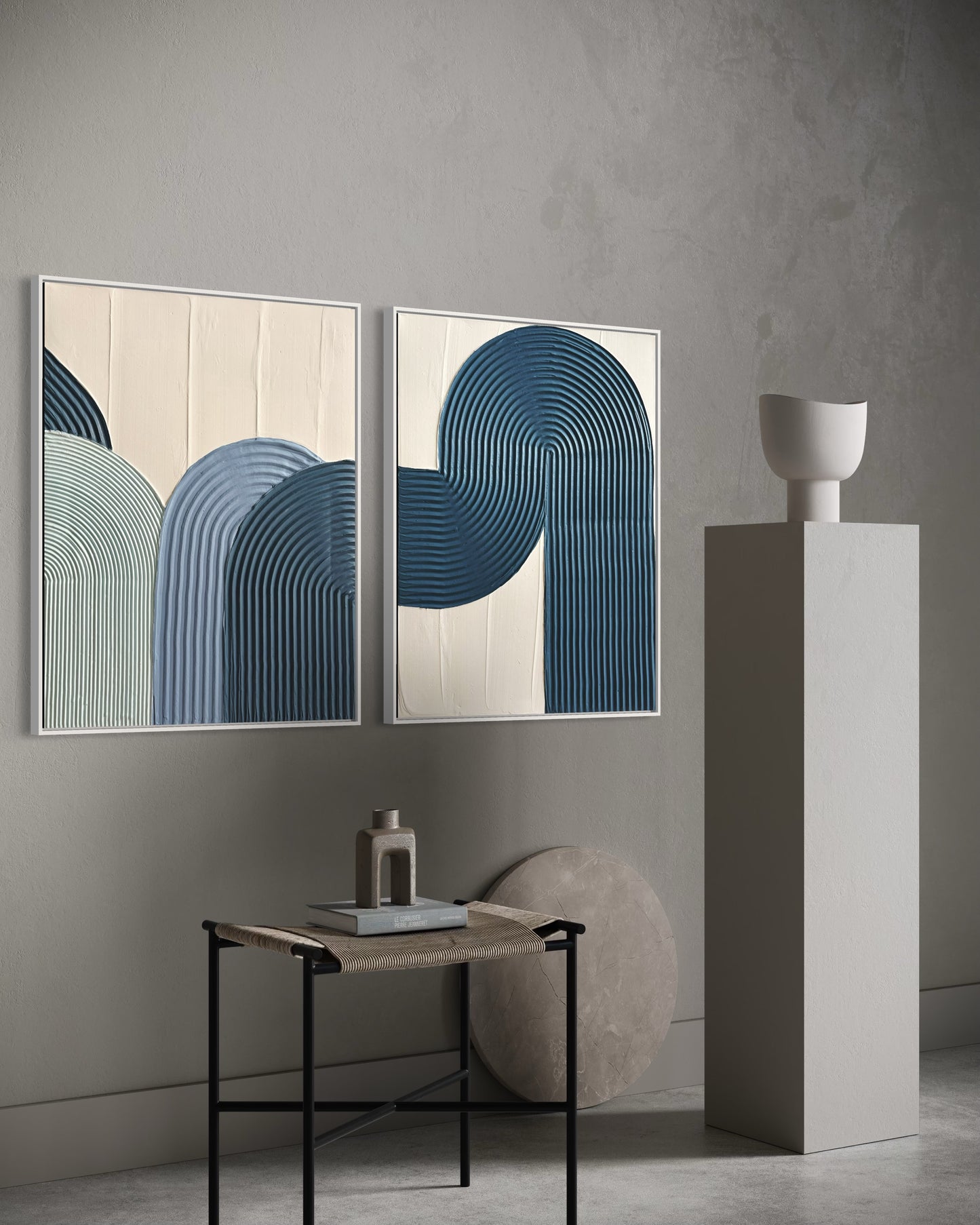 Coastal-inspired wall decor with sculptural arch texture in calming blue tones