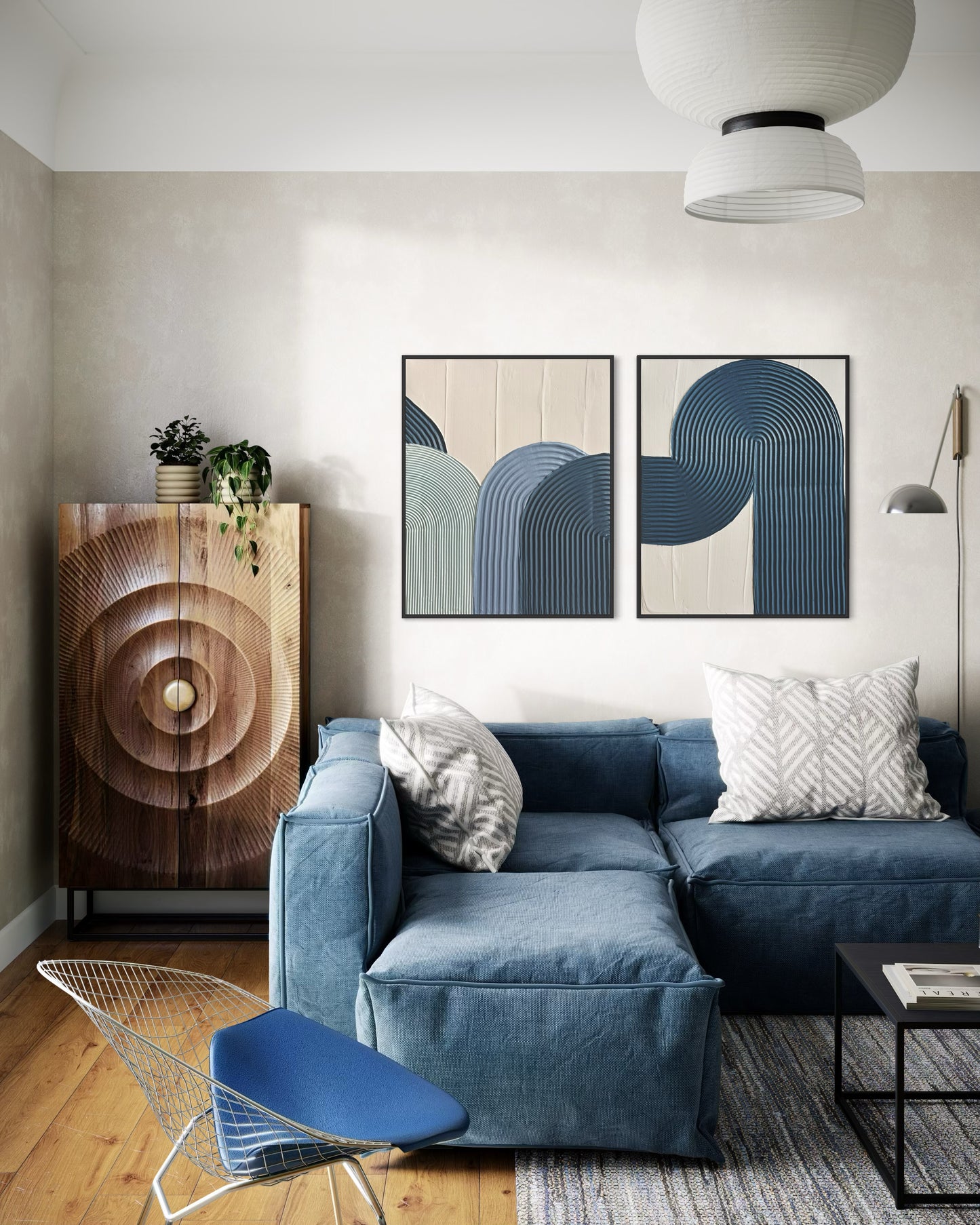 Minimalist diptych wall art in navy and white for beach house interiors
