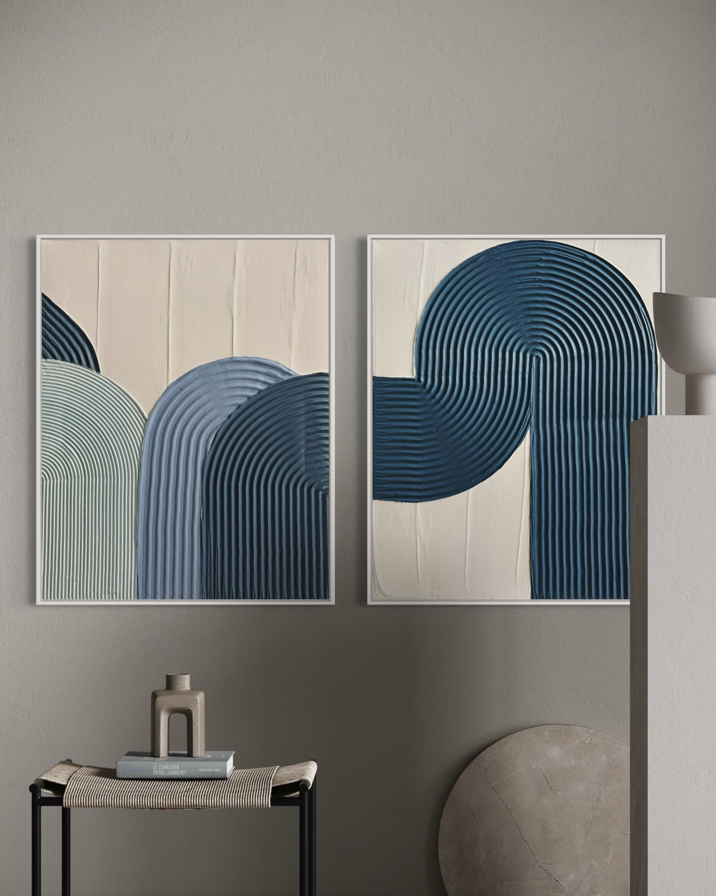 ZEN ARCH III set of 2 textured wall art in blue, white, and navy with arch design