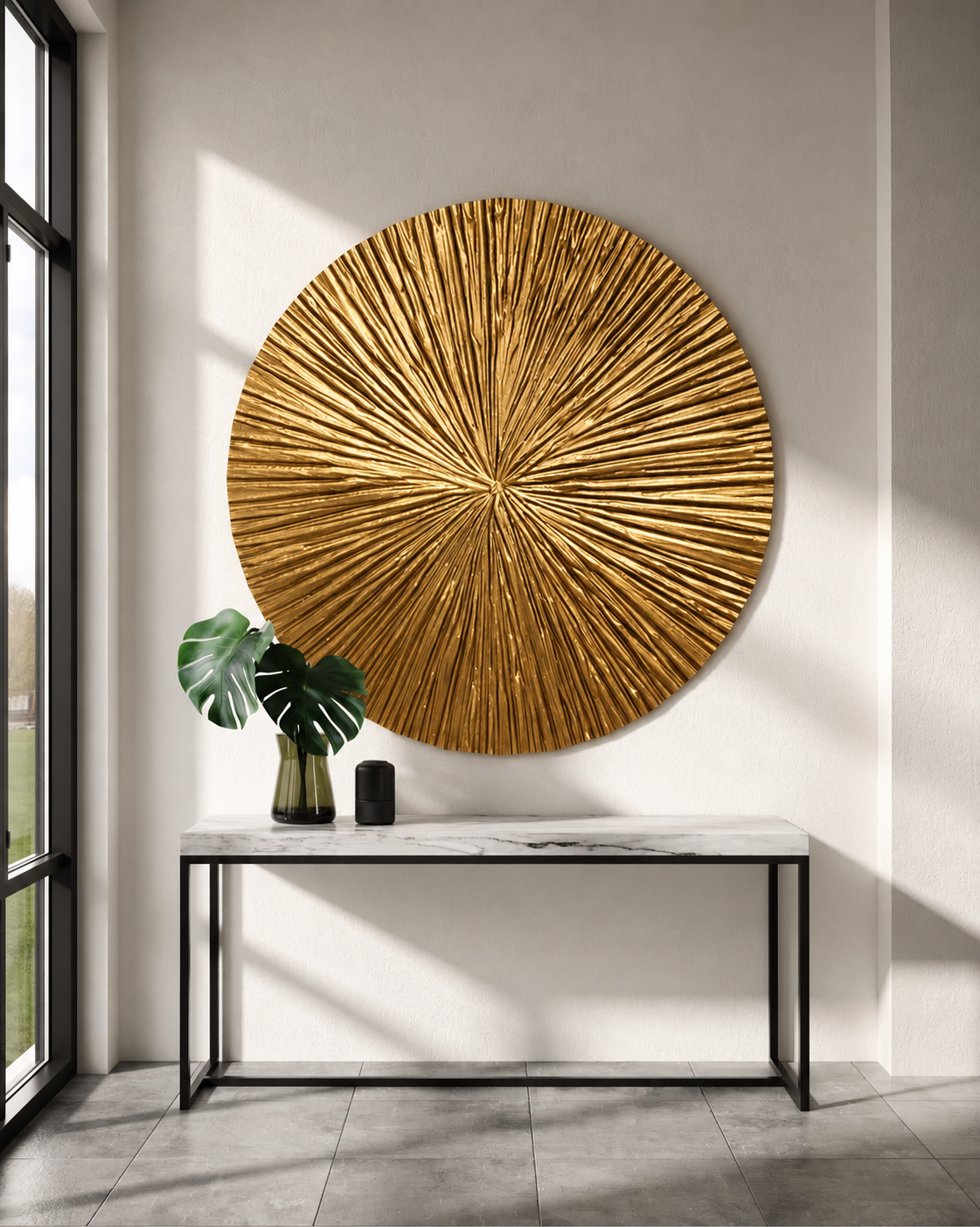 złoty obraz okrągły strukturalny, nowoczesny elegancki design. Minimalistyczny obraz 3D