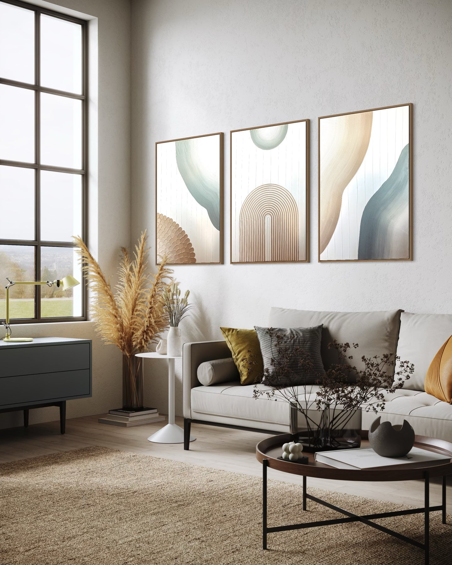 Modern living room with abstract wall textured art and a white sofa.