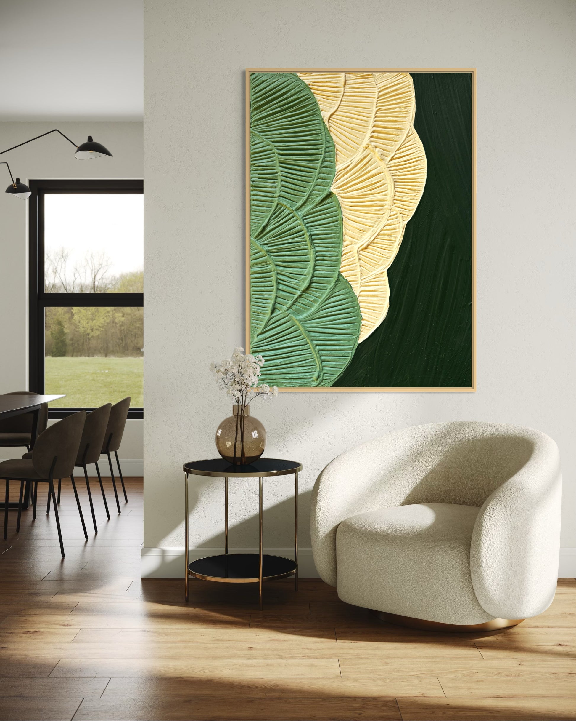 Sculptural canvas artwork featuring cream floral texture on green background