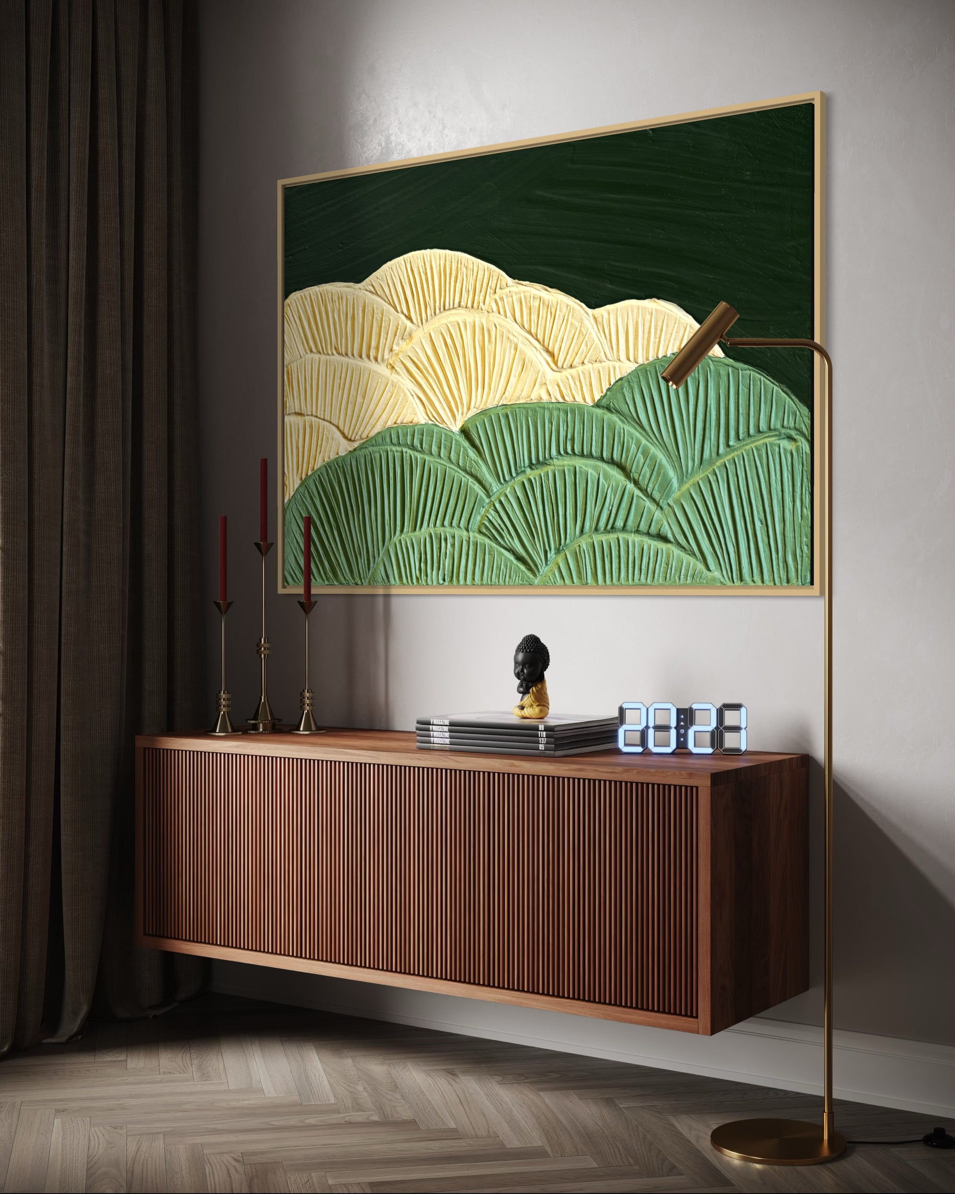 Handmade botanical wall decor with earthy green and neutral tones